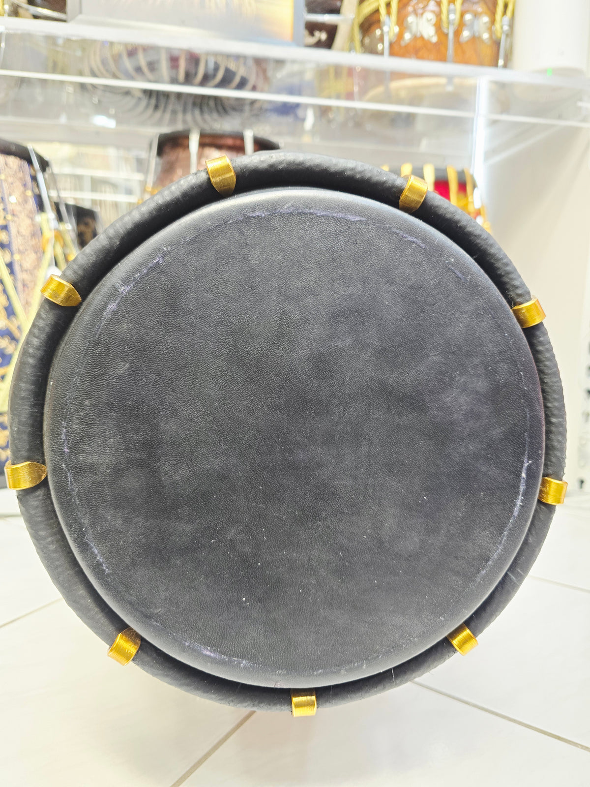 Royal Heritage: Blue and Gold Sherwani Wrapped Red Sheesham Dholak with Reverse Syaahi Thin Rimmed Skin and Black Skins *Minor Cosmetic Defects *Exceptional Tone