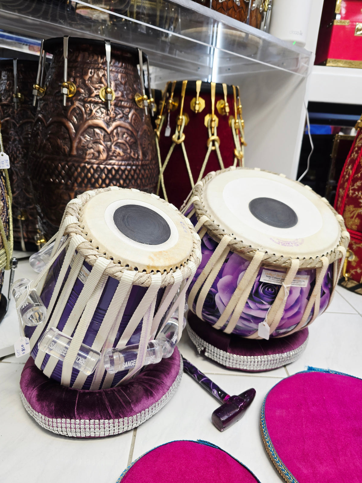 Violet Raga Bloom — 5.25" C/C# Red Sheesham Dayan + 9" 6.1kg Copper Bayan (Purple Floral Concert Edition) *Minor Cosmetic Blemishes