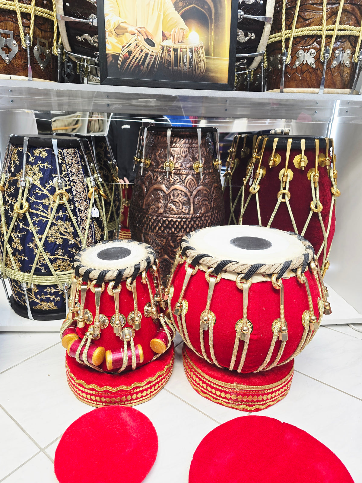 Rakt Maharaaj — 5.25" D#/E Red Sheesham Dayan + 9" Copper Bayan (Red Velvet Bolted Set) *Minor Cosmetic Defects