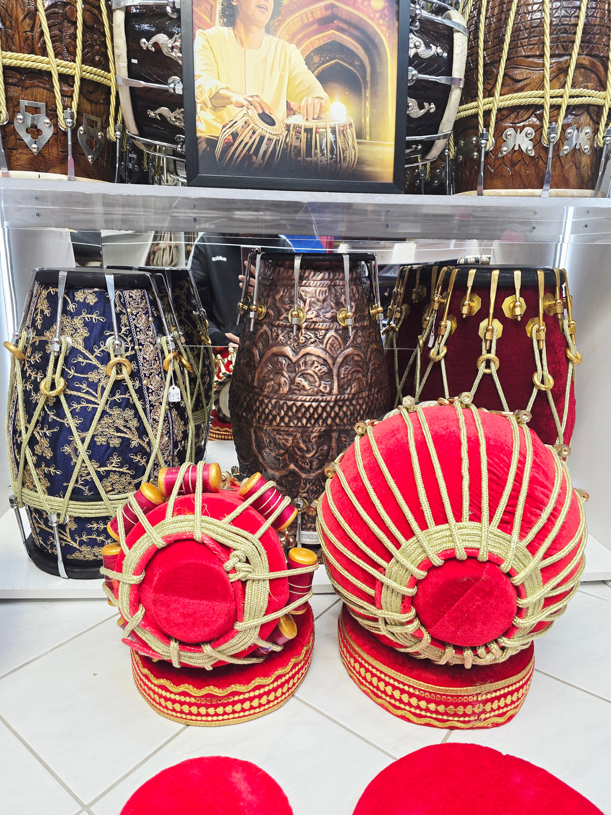 Rakt Maharaaj — 5.25" D#/E Red Sheesham Dayan + 9" Copper Bayan (Red Velvet Bolted Set) *Minor Cosmetic Defects
