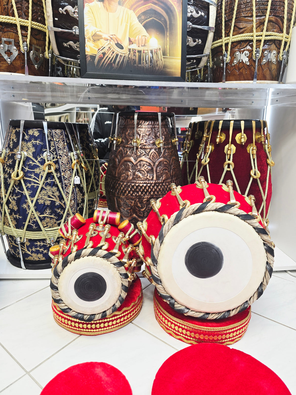 Rakt Maharaaj — 5.25" D#/E Red Sheesham Dayan + 9" Copper Bayan (Red Velvet Bolted Set) *Minor Cosmetic Defects