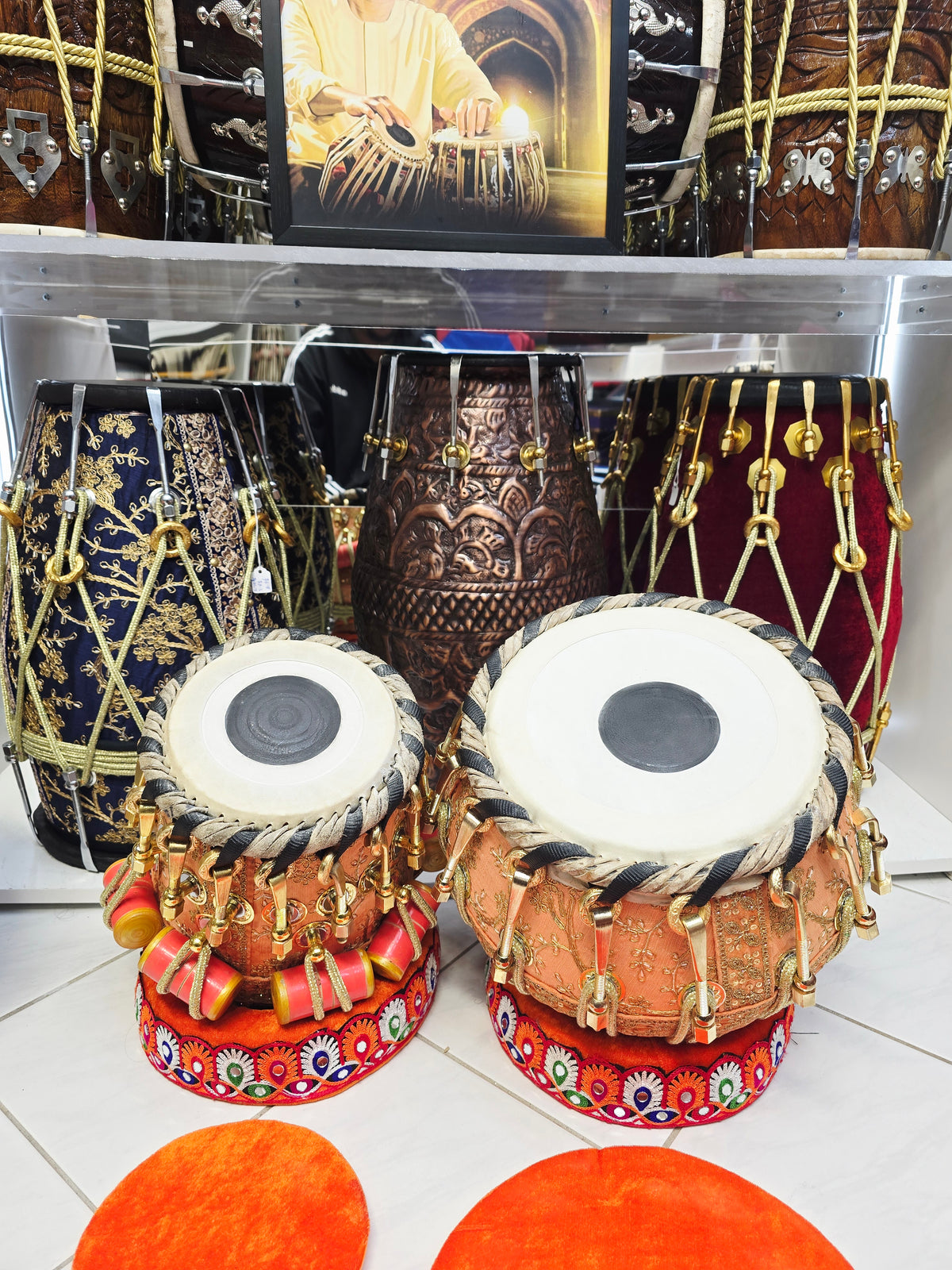 Kesari Dynasty — 6" C# Red Sheesham Dayan + 9" Copper Bayan (Bolted Orange Sherwani Wrapped Set) *Barely Noticeable Hissing Sound