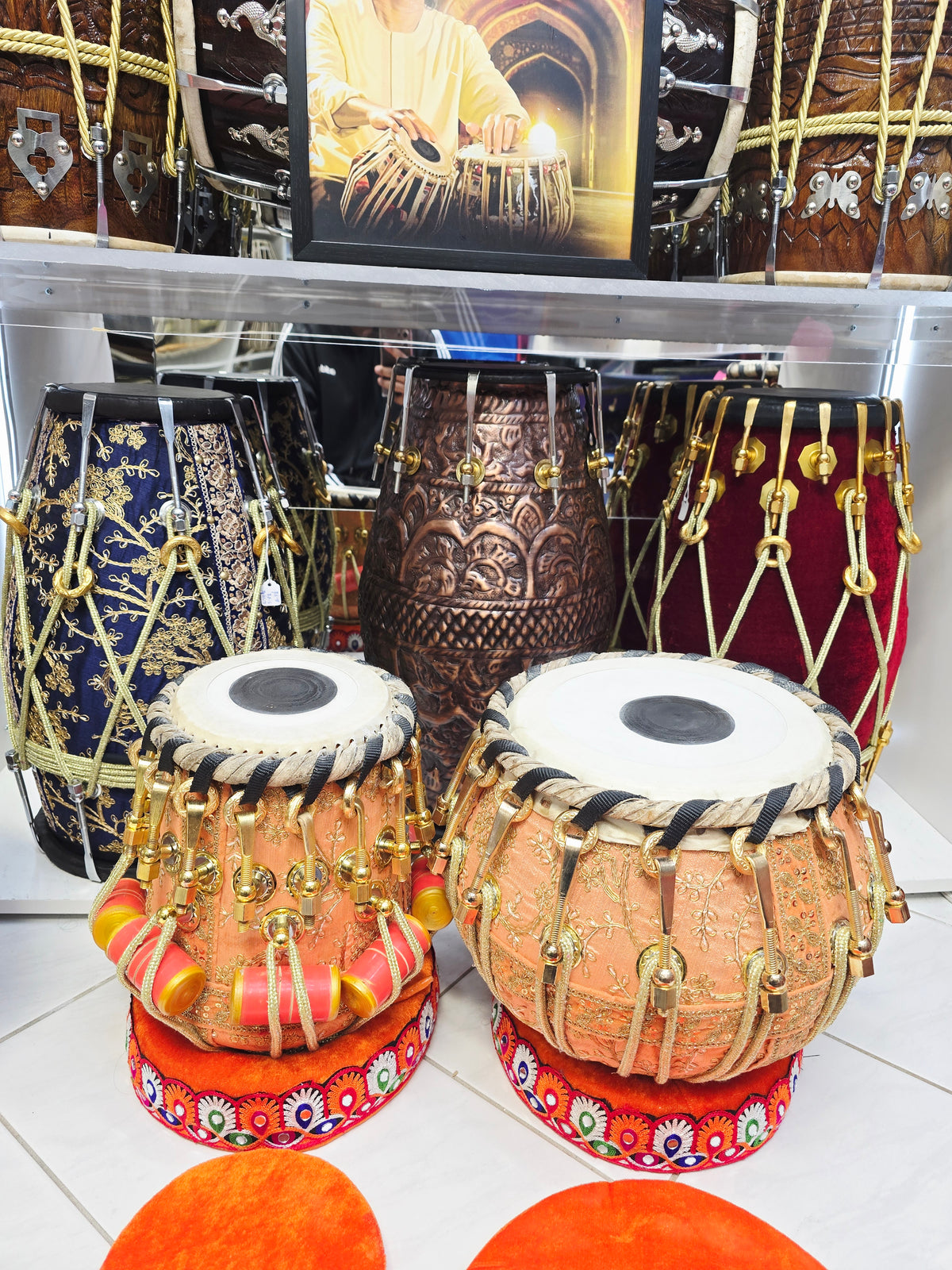 Kesari Dynasty — 6" C# Red Sheesham Dayan + 9" Copper Bayan (Bolted Orange Sherwani Wrapped Set) *Barely Noticeable Hissing Sound