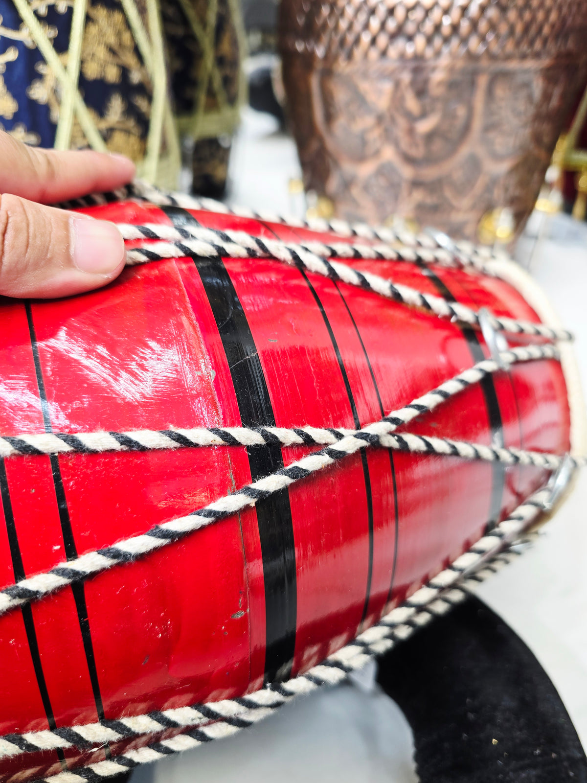 Red Toddler Dholak with Black Stripes (Cosmetic Blemishes)