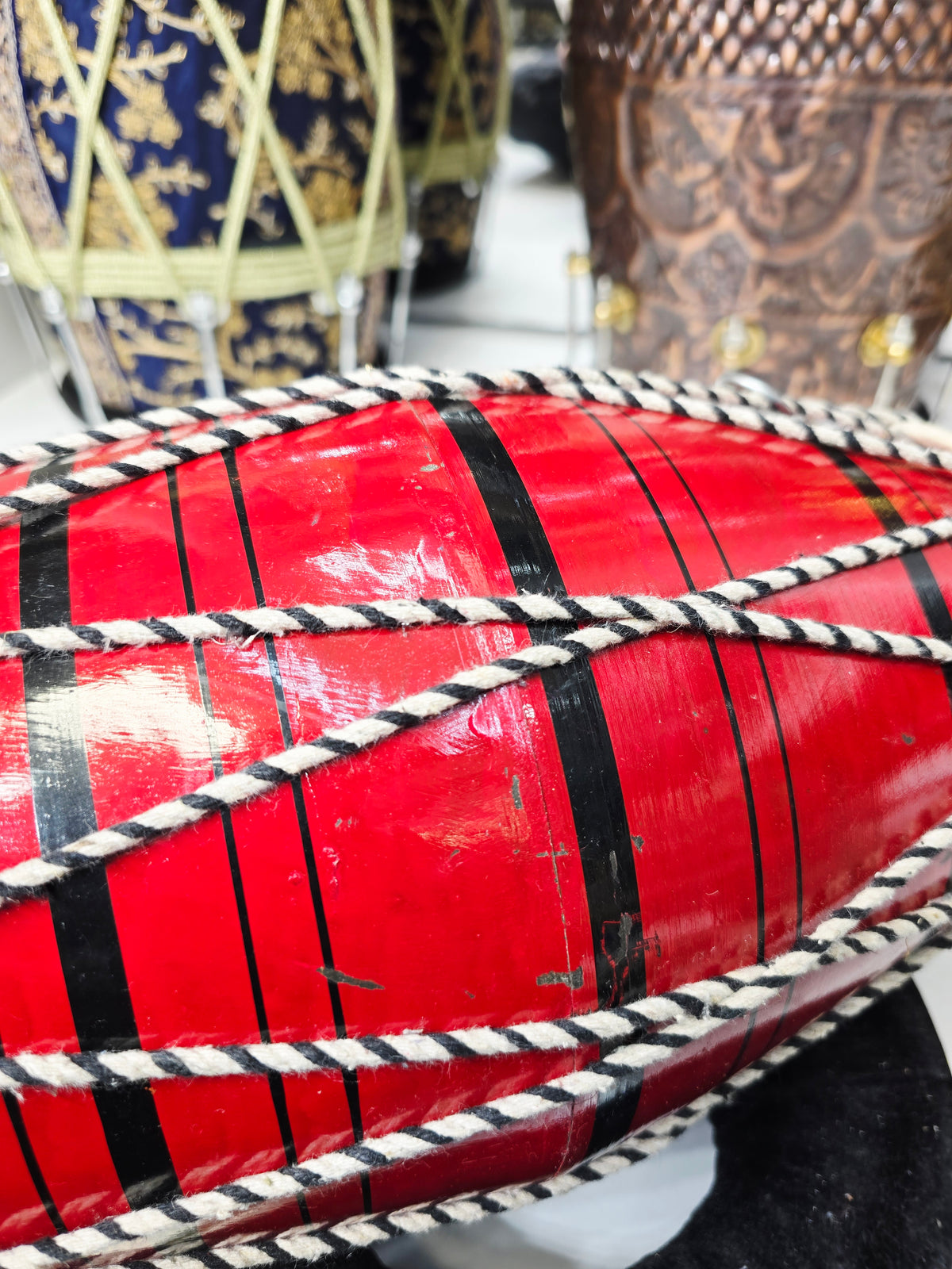 Red Toddler Dholak with Black Stripes (Cosmetic Blemishes)