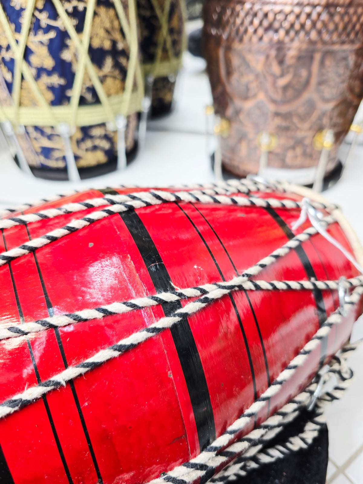 Red Toddler Dholak with Black Stripes (Cosmetic Blemishes)
