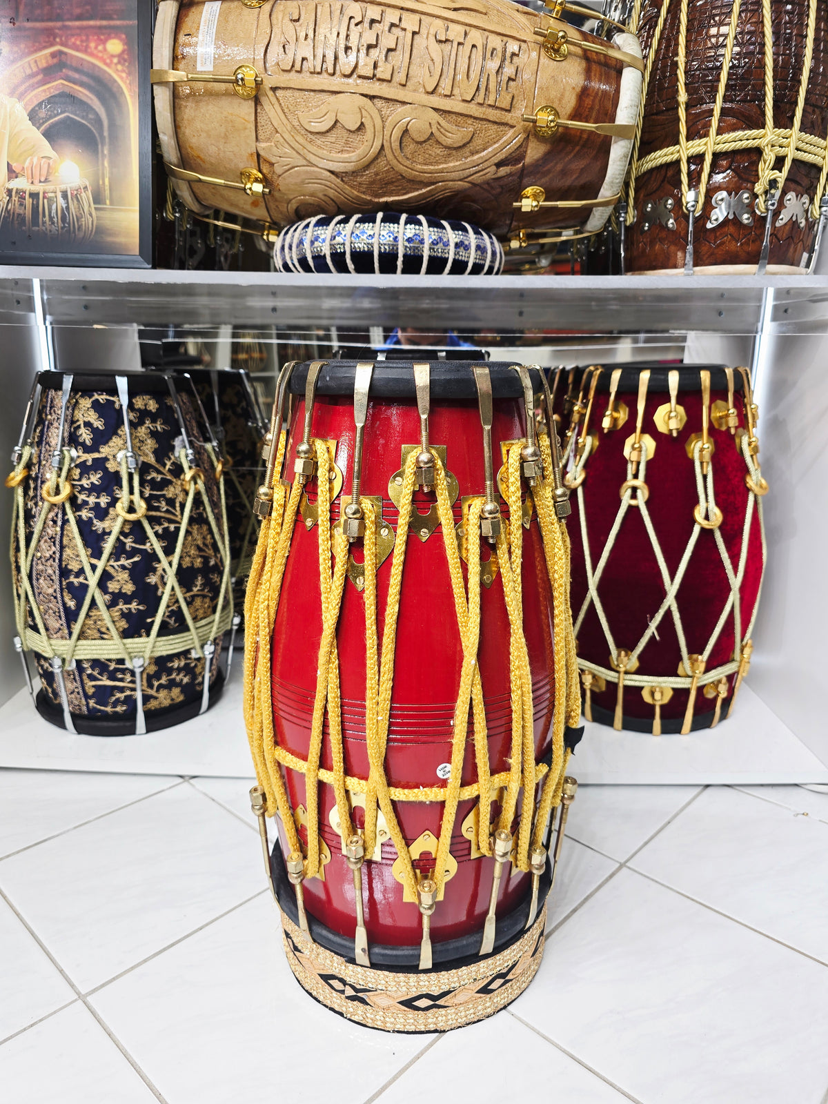 Kesari Naad™ — Double Bolted Pro Red Sheesham Dholak (Saffron Painted Finish) Minor Cosmetic Crack + Minor Chips in Brass Coated Bolt Finish *Exceptional Tone