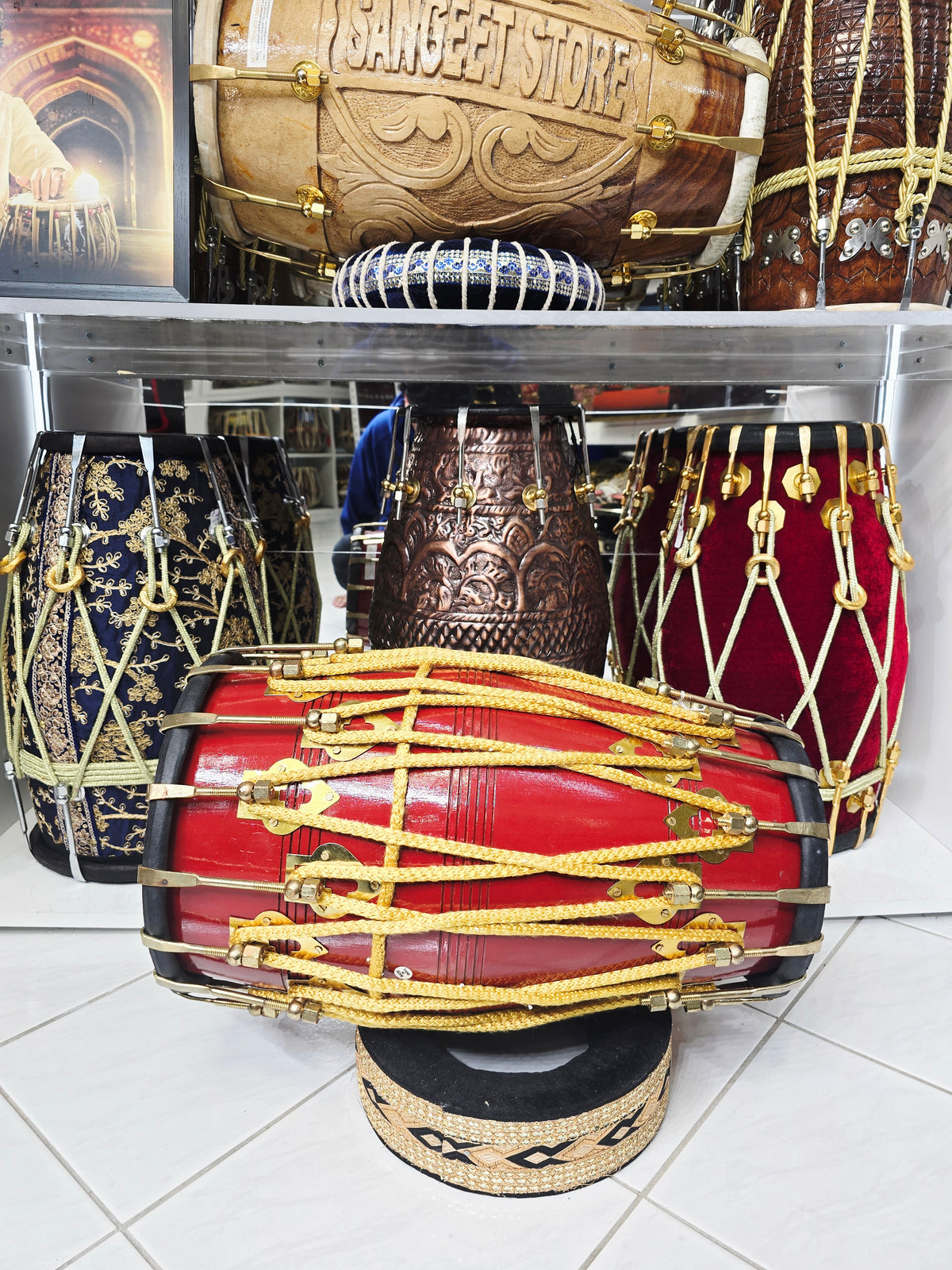 Kesari Naad™ — Double Bolted Pro Red Sheesham Dholak (Saffron Painted Finish) Minor Cosmetic Crack + Minor Chips in Brass Coated Bolt Finish *Exceptional Tone