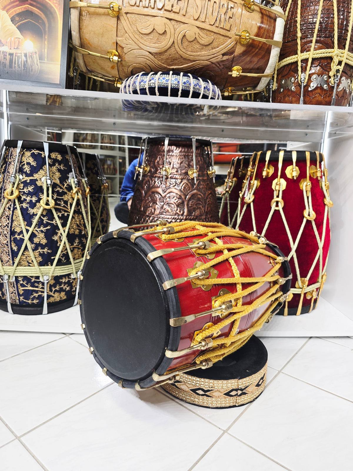 Kesari Naad™ — Double Bolted Pro Red Sheesham Dholak (Saffron Painted Finish) Minor Cosmetic Crack + Minor Chips in Brass Coated Bolt Finish *Exceptional Tone