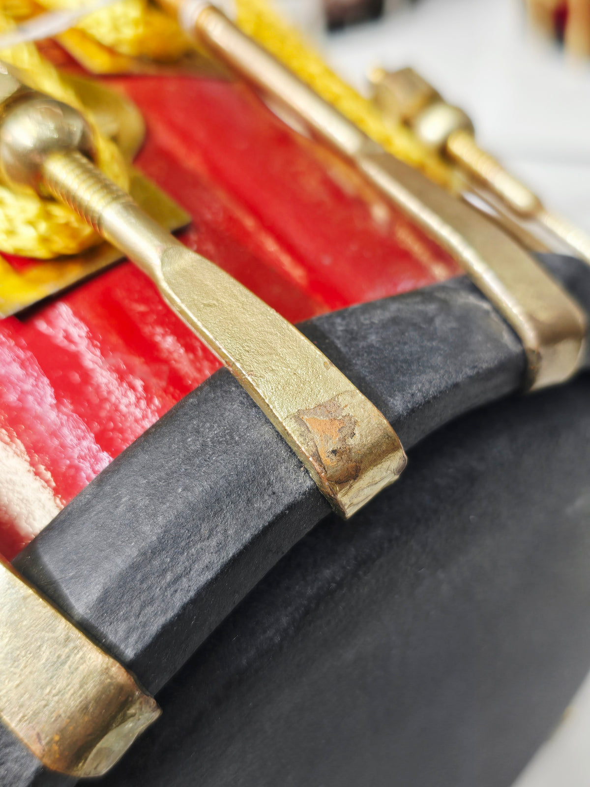 Kesari Naad™ — Double Bolted Pro Red Sheesham Dholak (Saffron Painted Finish) Minor Cosmetic Crack + Minor Chips in Brass Coated Bolt Finish *Exceptional Tone