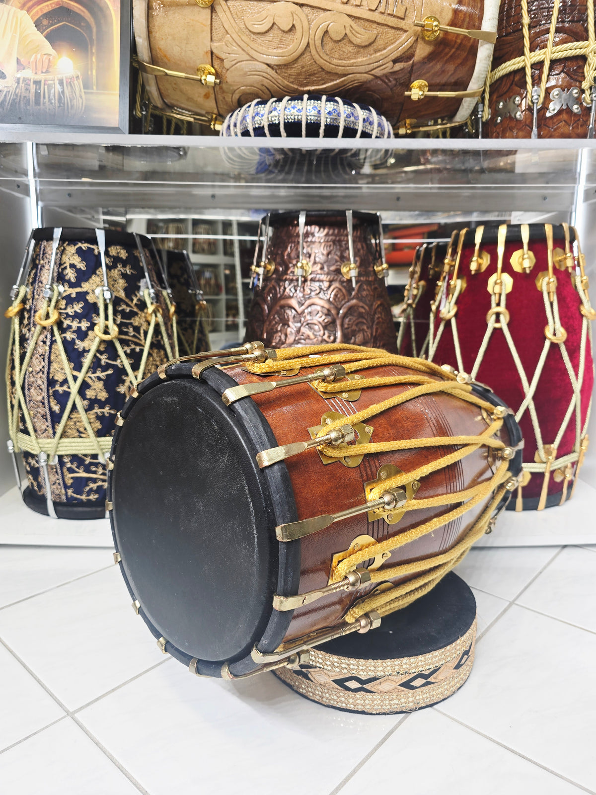 Swar Prithvi™ — Double Bolted Red Sheesham Dholak (Natural Wood Finish) Minor Cosmetic Blemishes Chipped Brass Bolt Coating