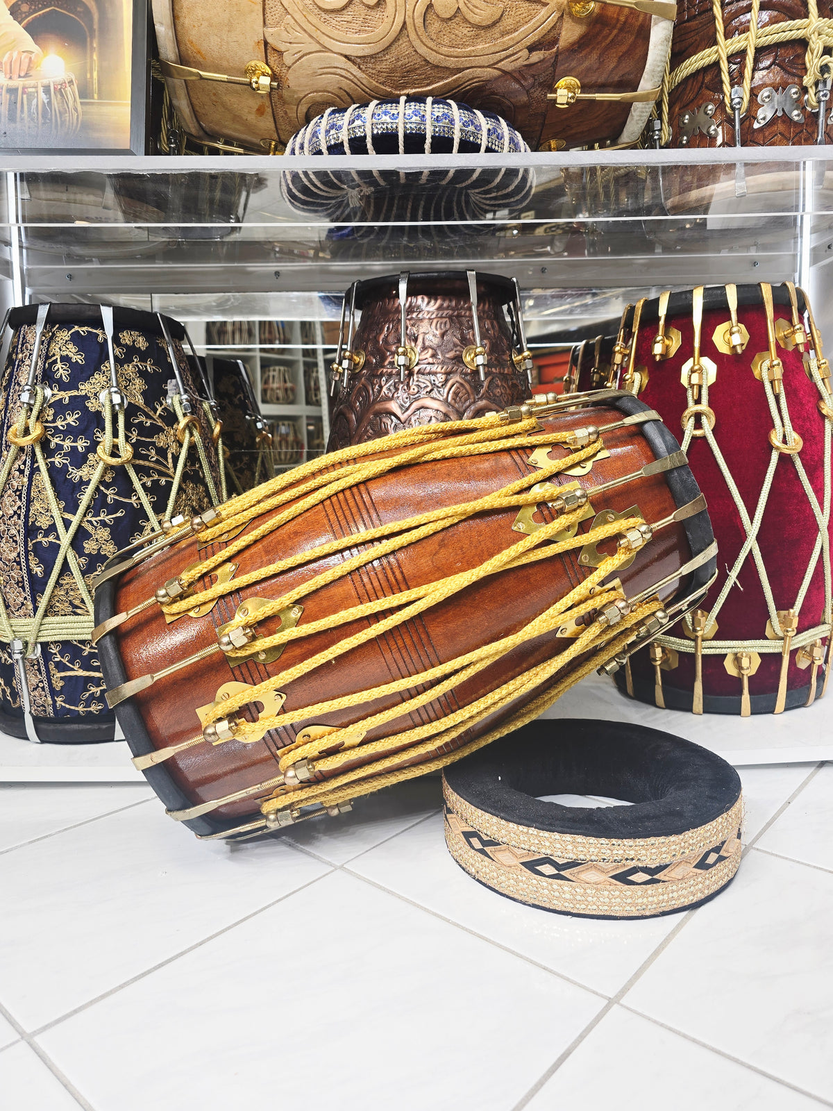Swar Prithvi™ — Double Bolted Red Sheesham Dholak (Natural Wood Finish) Minor Cosmetic Blemishes Chipped Brass Bolt Coating