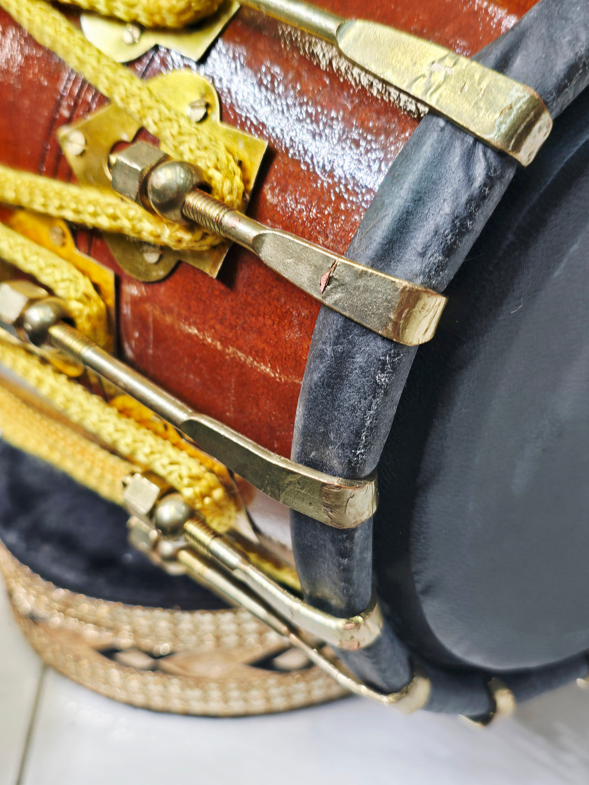 Swar Prithvi™ — Double Bolted Red Sheesham Dholak (Natural Wood Finish) Minor Cosmetic Blemishes Chipped Brass Bolt Coating
