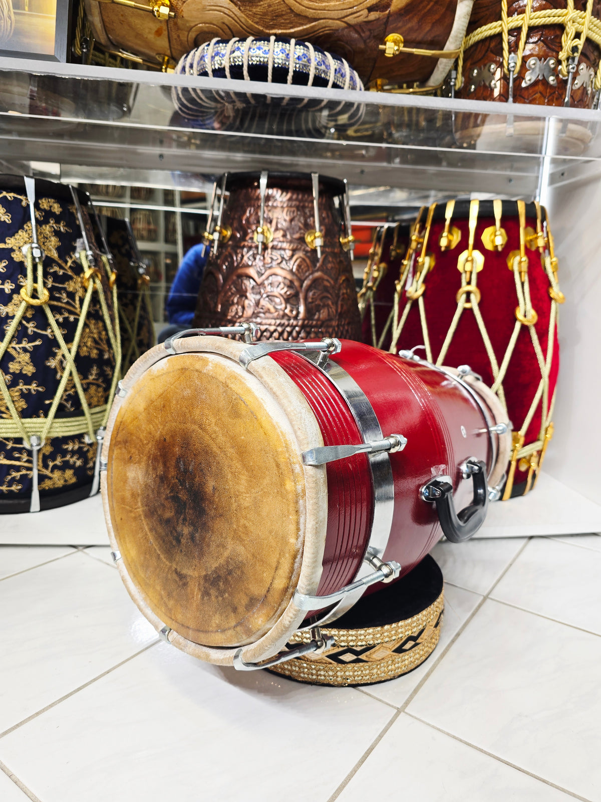 AgniRaag™ — Pro Red Sheesham Single Chrome Bolted Dholak (Handled) *Minor Cosmetic Blemishes (Including Minor Cosmetic Crack)