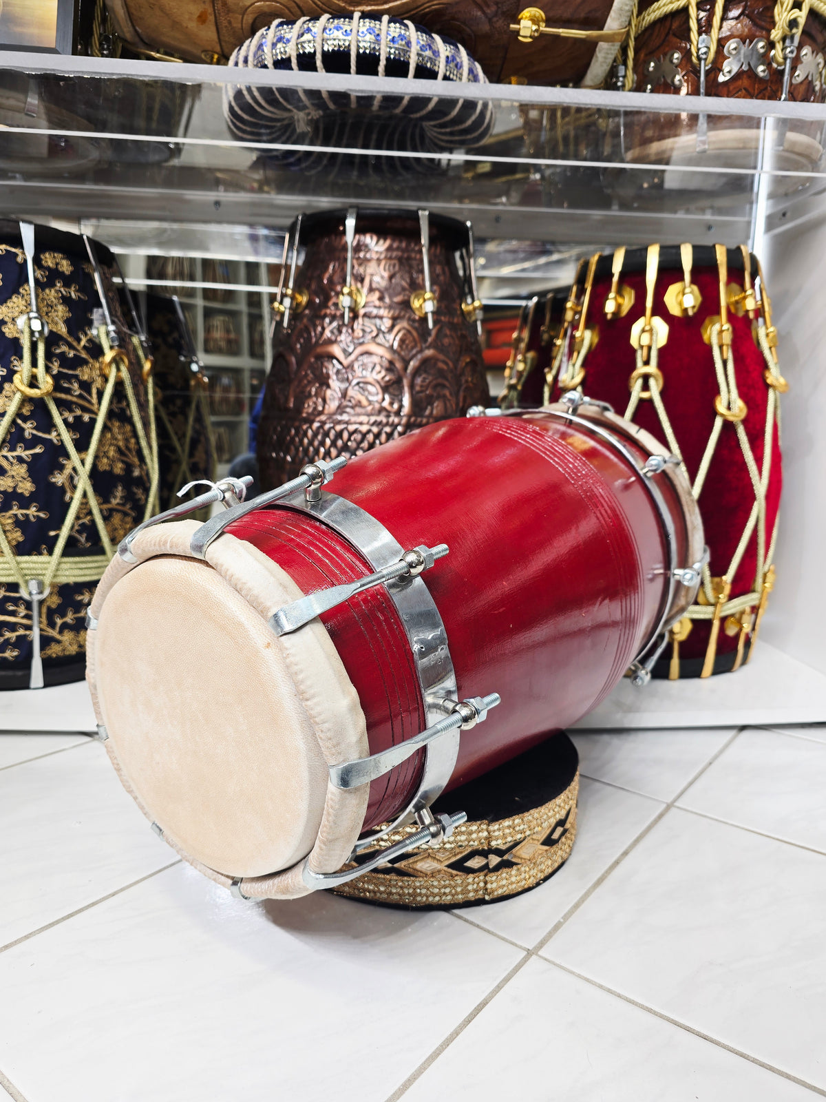 AgniRaag™ — Pro Red Sheesham Single Chrome Bolted Dholak (Handled) *Minor Cosmetic Blemishes (Including Minor Cosmetic Crack)