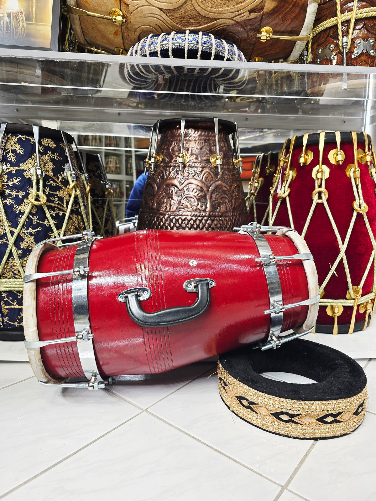 AgniRaag™ — Pro Red Sheesham Single Chrome Bolted Dholak (Handled) *Minor Cosmetic Blemishes (Including Minor Cosmetic Crack)