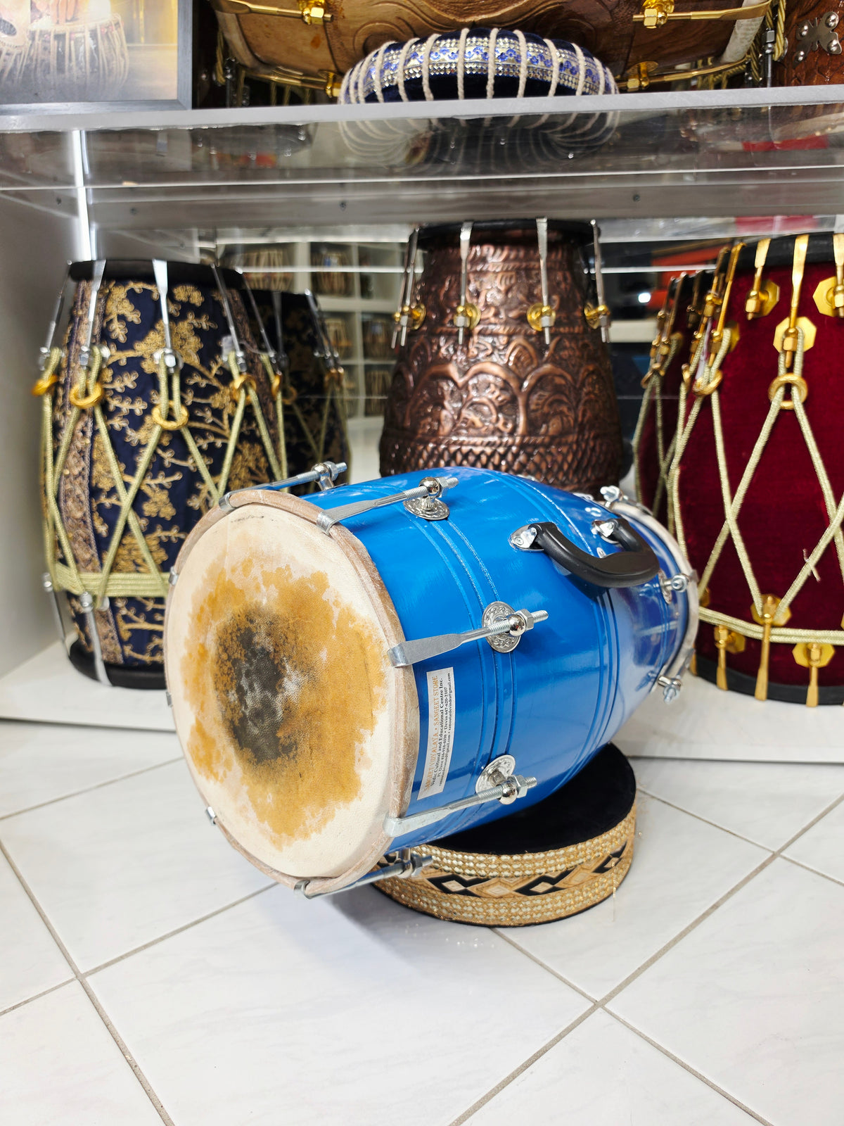 SurNeel Student Dholak (Blue Painted 9.6lbs Mango Wood, Very Minor Cosmetic Blemishes)