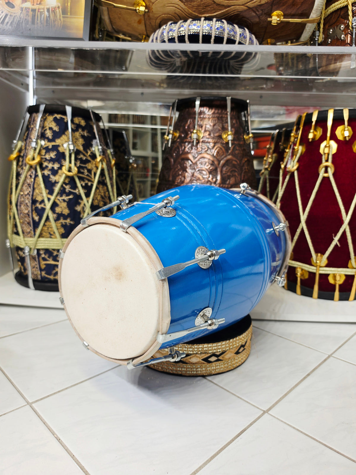 SurNeel Student Dholak (Blue Painted 9.6lbs Mango Wood, Very Minor Cosmetic Blemishes)