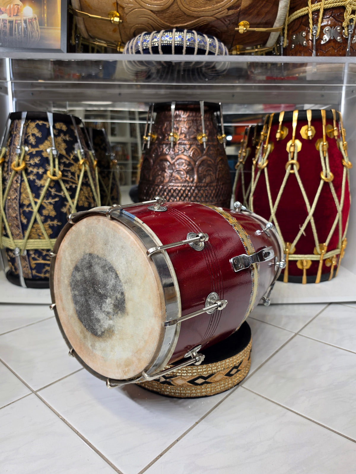 VarnRaag Burgundy Red Sheesham Advanced Student Dholak with Handle (Cosmetic Blemishes, Including Cracks)