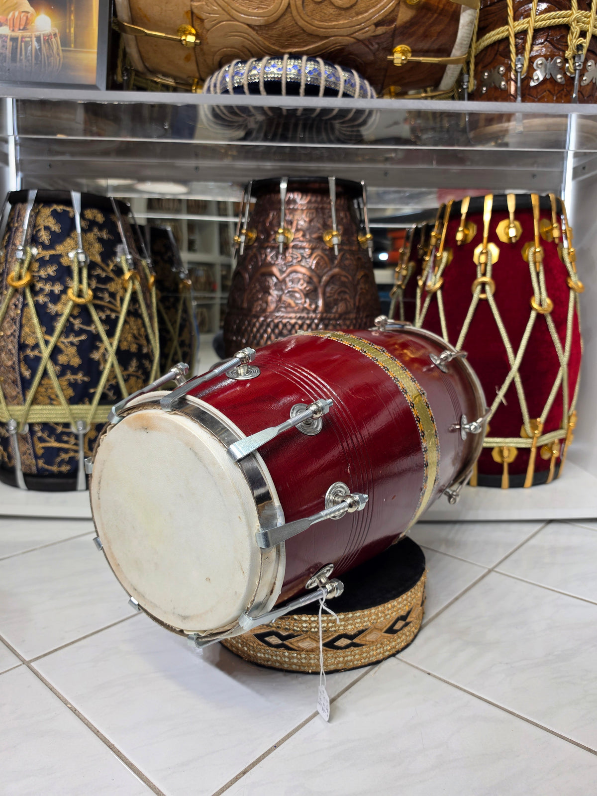 VarnRaag Burgundy Red Sheesham Advanced Student Dholak with Handle (Cosmetic Blemishes, Including Cracks)