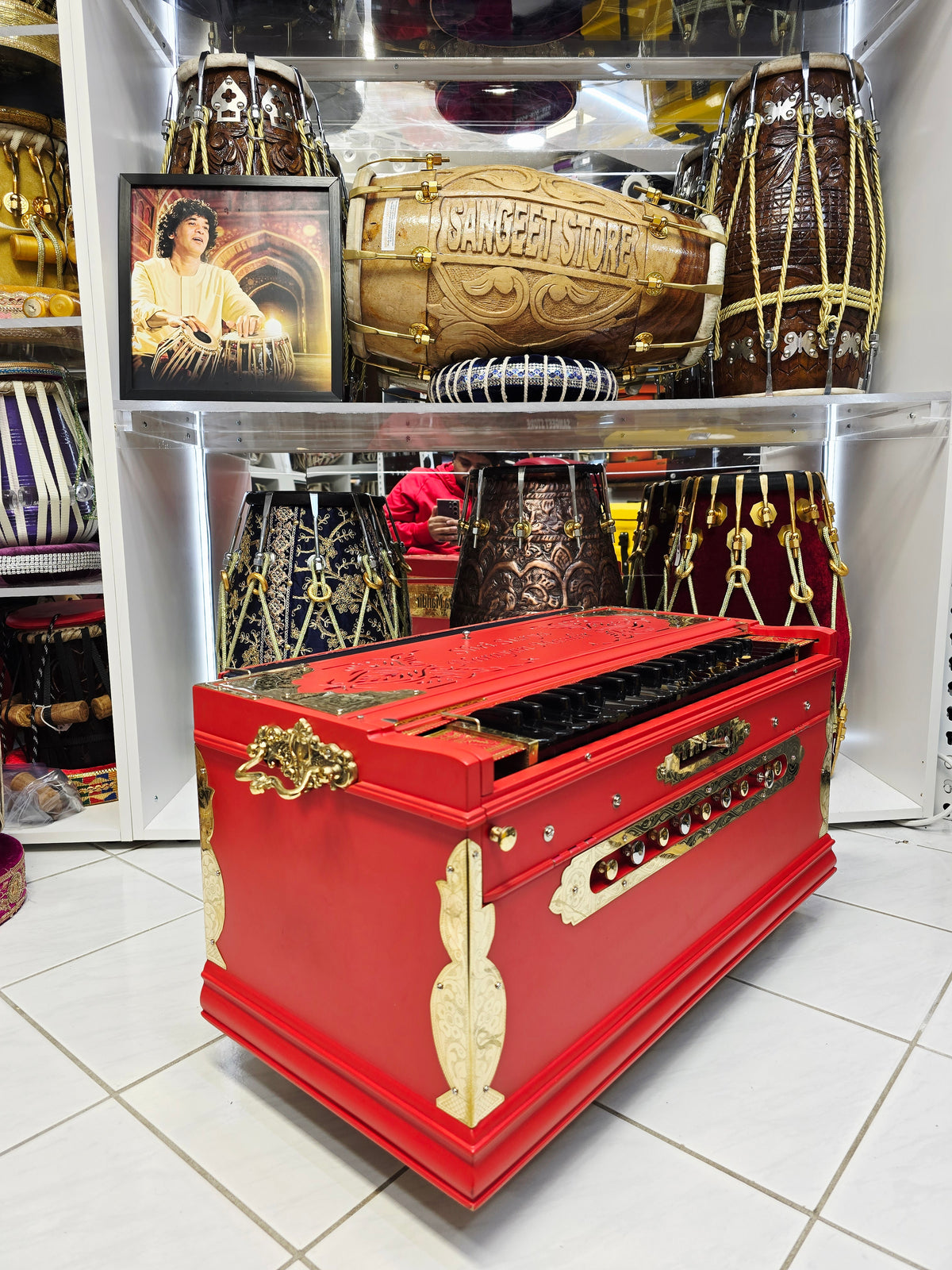 Arka Veer 3-Reed BMF 9-Scale Boxed Changer Harmonium – Matte Red-Orange & Gold Accents