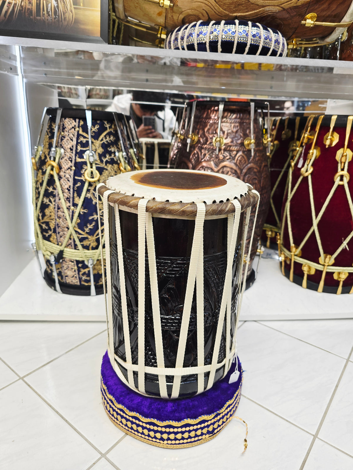 AkaarDhamra 8.25" Top x 15.25" Tall Engraved Red Sheesham Dhamma | Nylon Strapped
