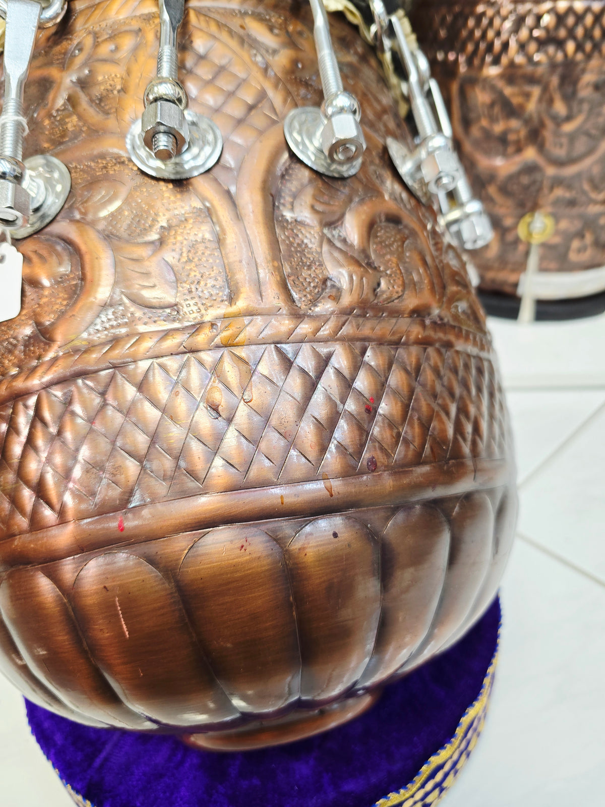 NaadViraas 9" Top x 13" Tall Engraved Bolted Antique Copper Dhamma *Atta (Masala can be applied if needed)
