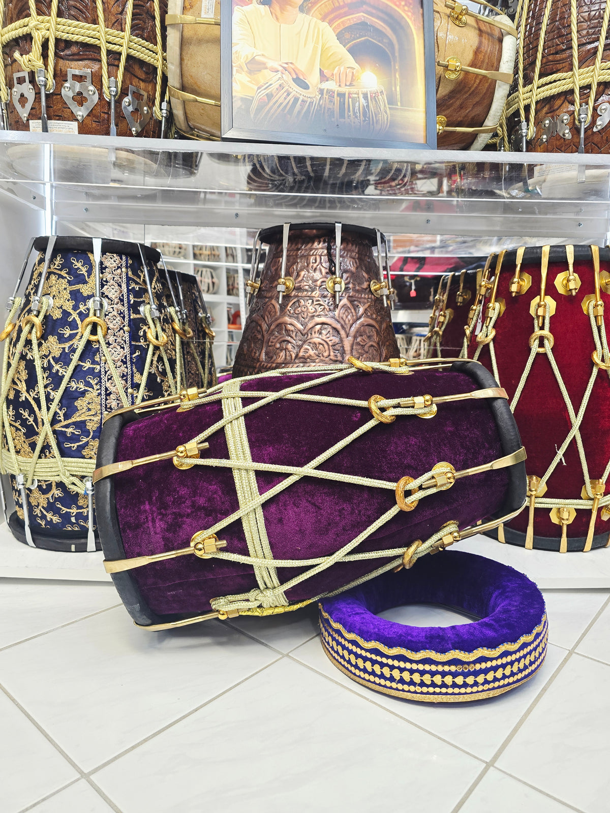 Purple Reign – Premium Purple Velvet Wrapped Red Sheesham Dholak *Minor Cosmetic Blemishes on Bass Skin