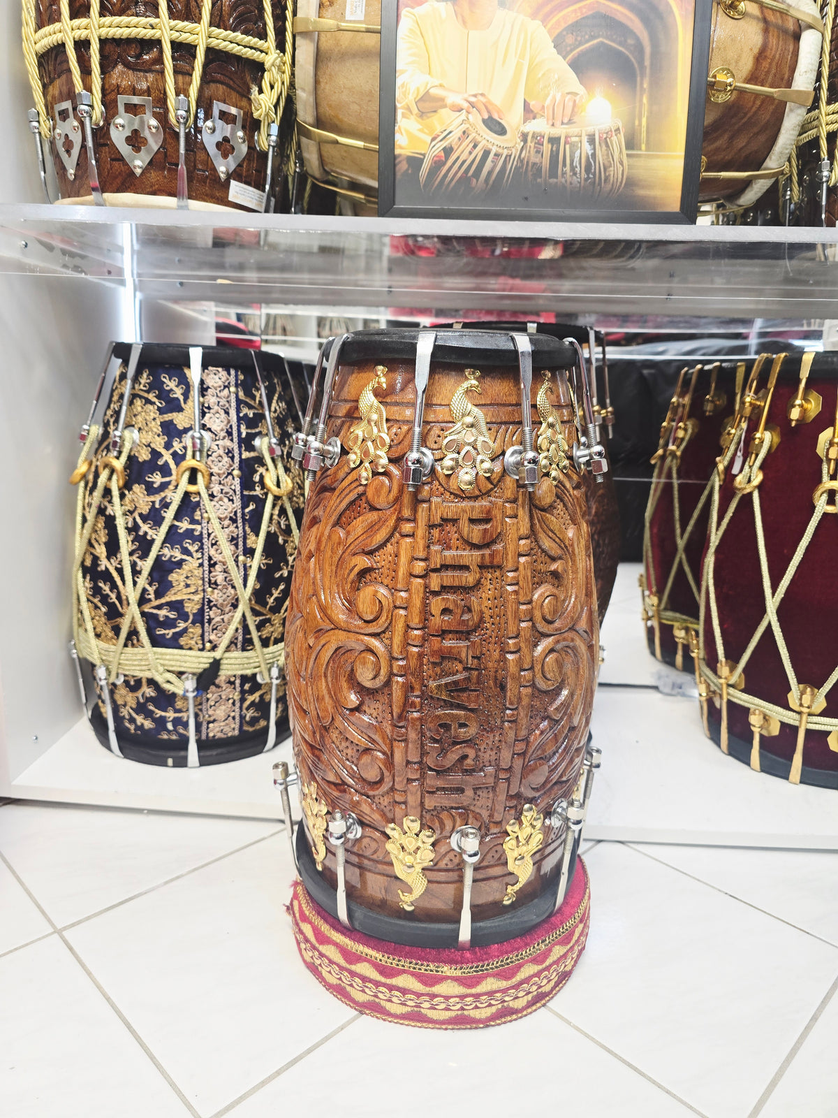 Rajmahal Custom-Engraved Red Sheesham Chetram Dholak For Pharvesh