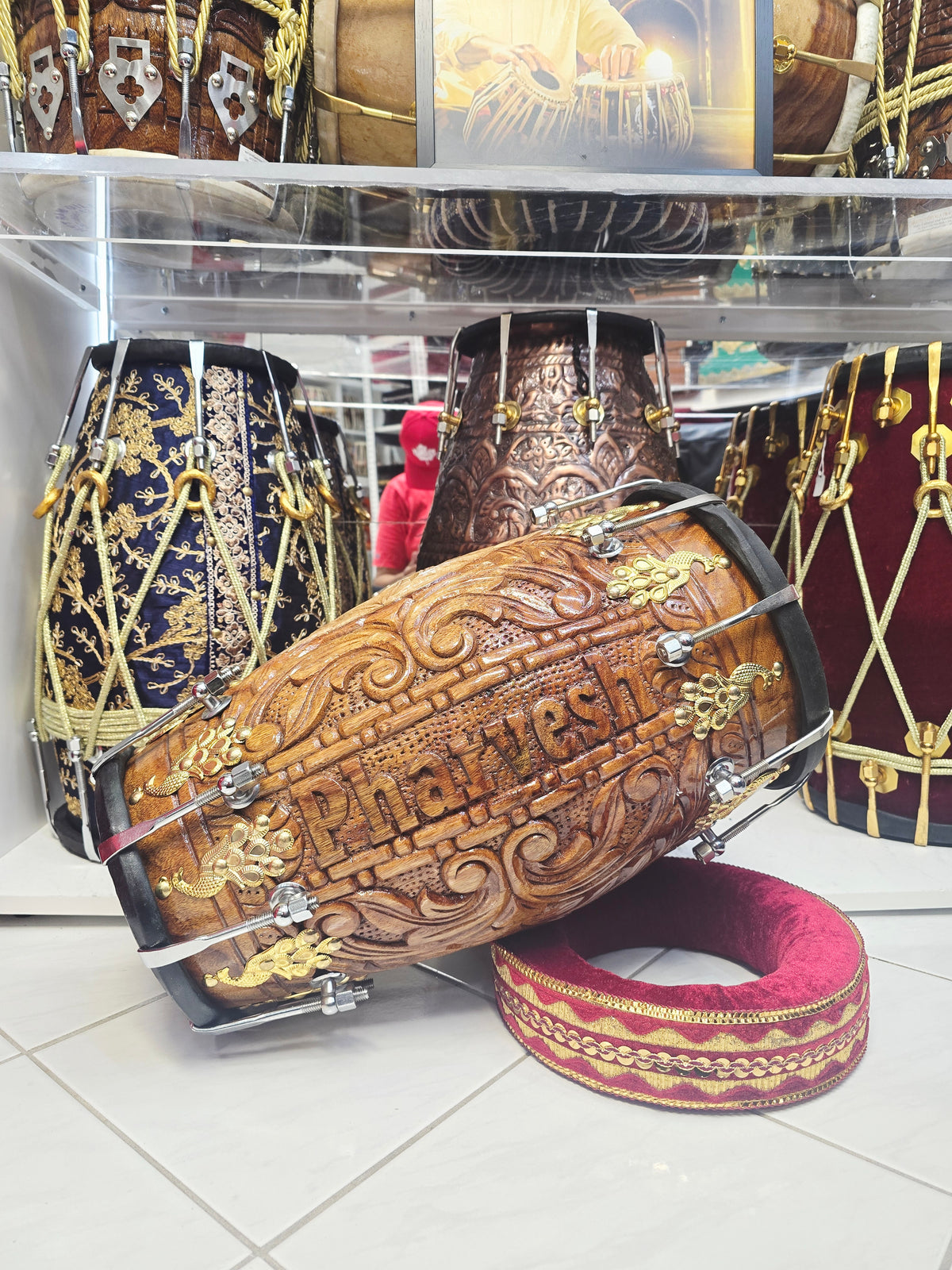 Rajmahal Custom-Engraved Red Sheesham Chetram Dholak For Pharvesh