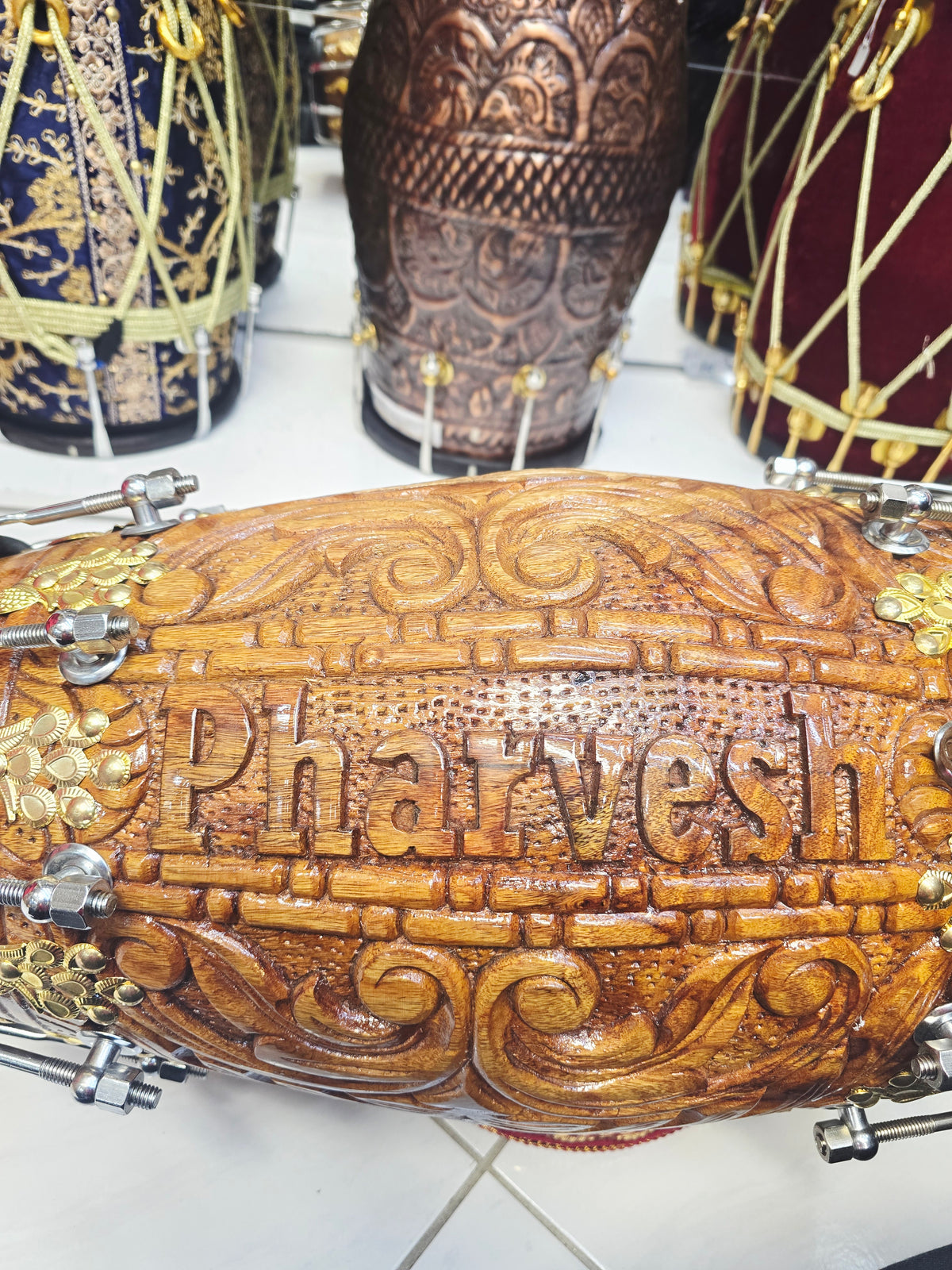 Rajmahal Custom-Engraved Red Sheesham Chetram Dholak For Pharvesh