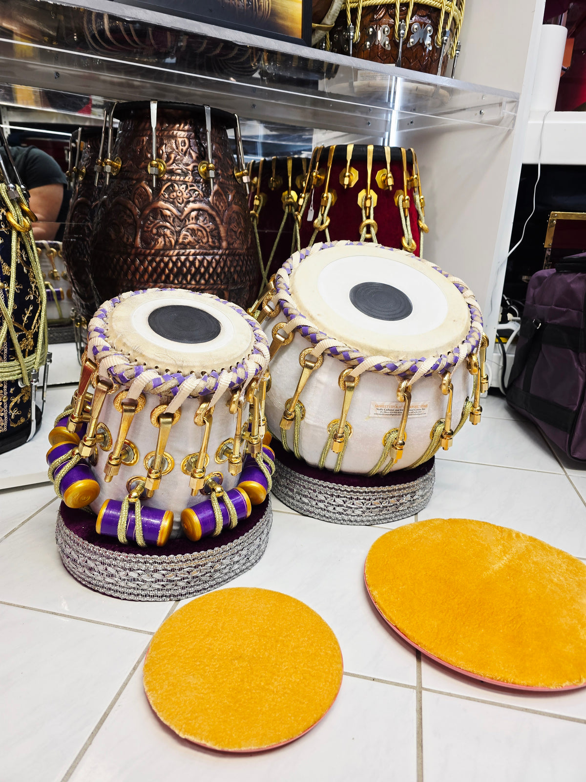 Amethyst Ivory Bolted White Velvet Tabla Set – 5.75" C#/D Red Sheesham Dayan & 9.25" Copper Bayan | with Purple Weaving *Very Minor Cosmetic Blemishes