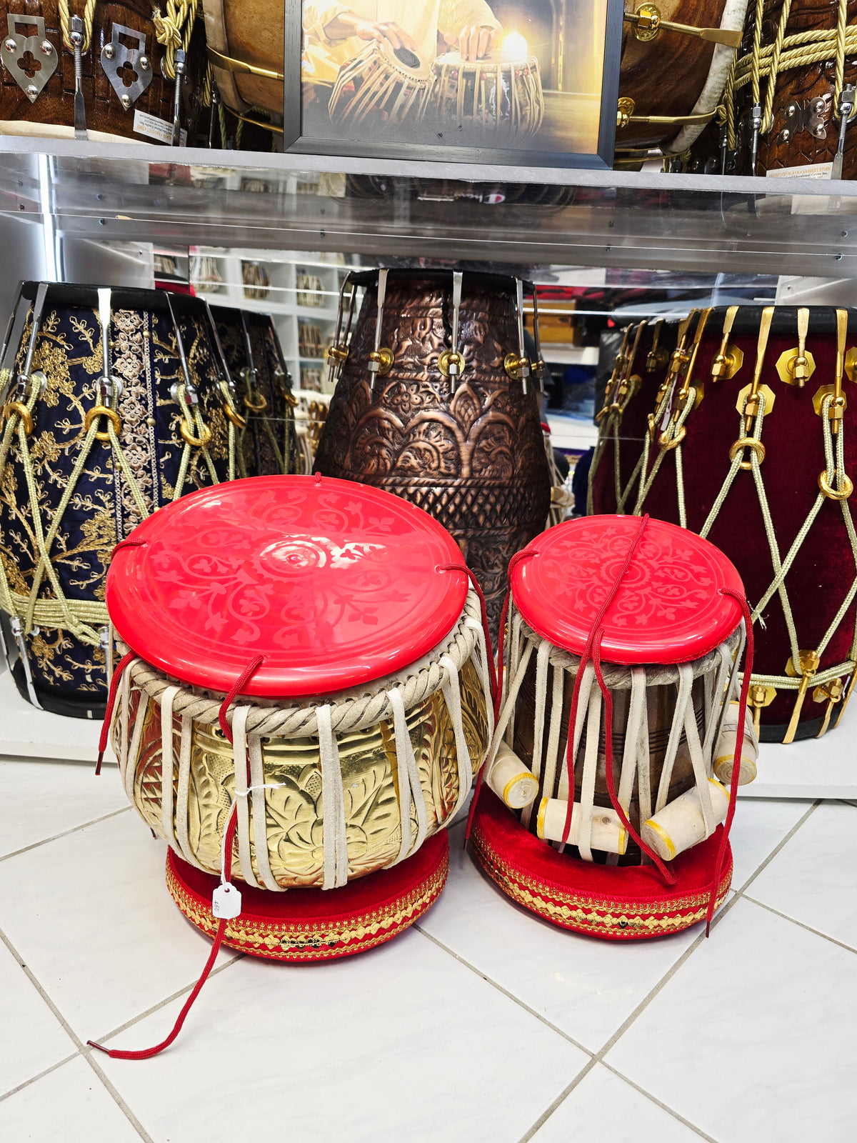 Rajgharana Tabla Set – 5⅜" E Red Sheesham Dayan + 9.25" Engraved Brass Bayan – Economy Professional Series *Very Minor Cosmetic Blemishes