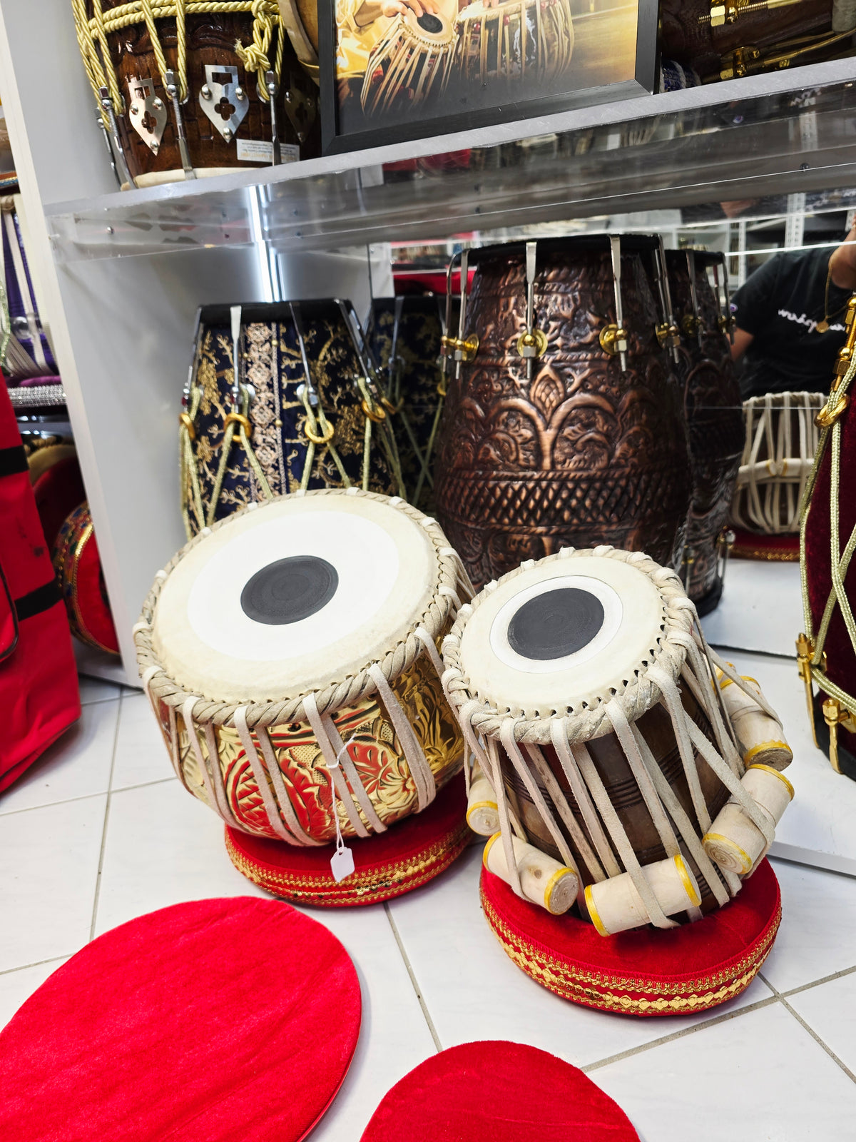 Rajgharana Tabla Set – 5⅜" E Red Sheesham Dayan + 9.25" Engraved Brass Bayan – Economy Professional Series *Very Minor Cosmetic Blemishes
