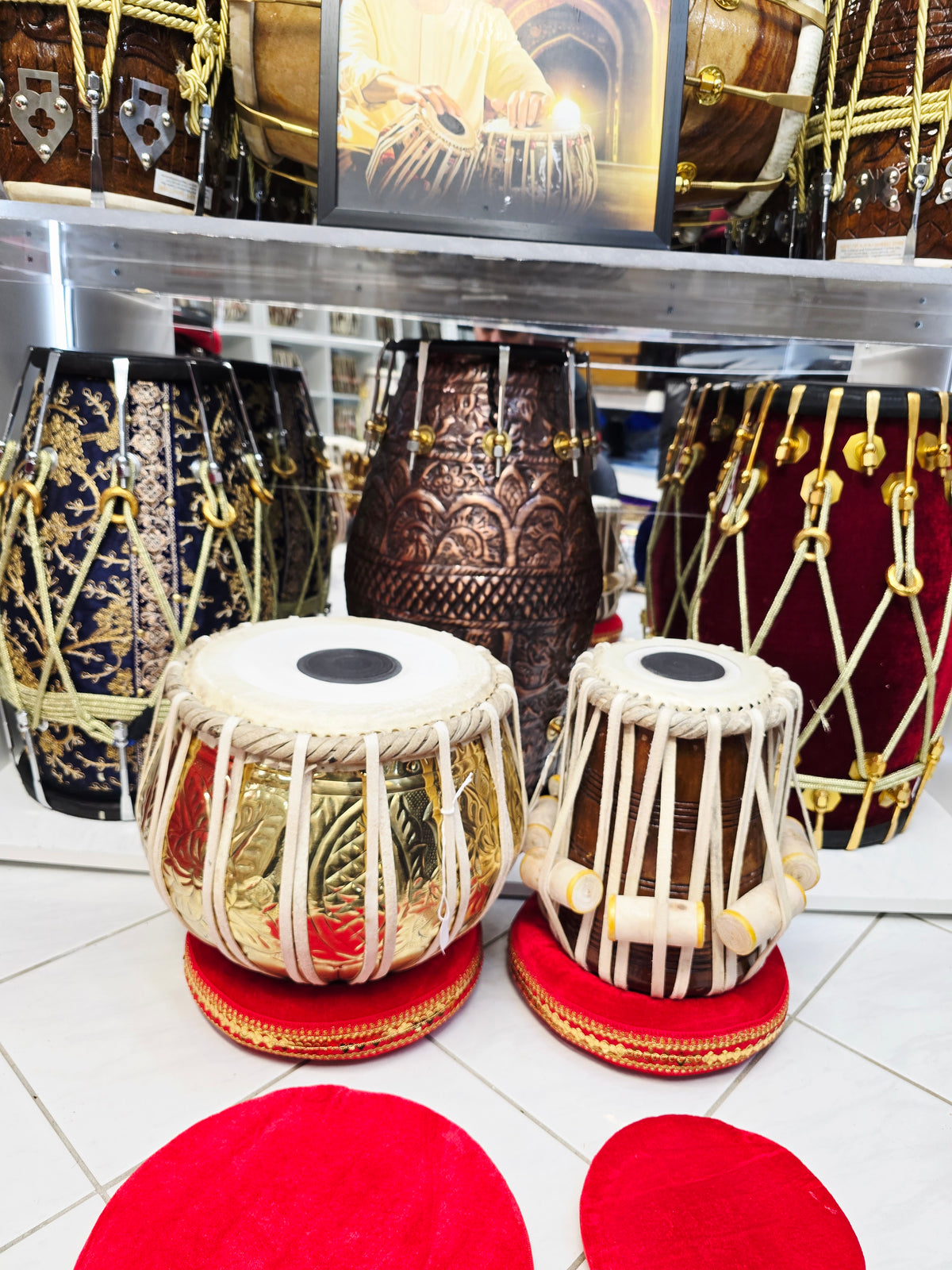 Rajgharana Tabla Set – 5⅜" E Red Sheesham Dayan + 9.25" Engraved Brass Bayan – Economy Professional Series *Very Minor Cosmetic Blemishes