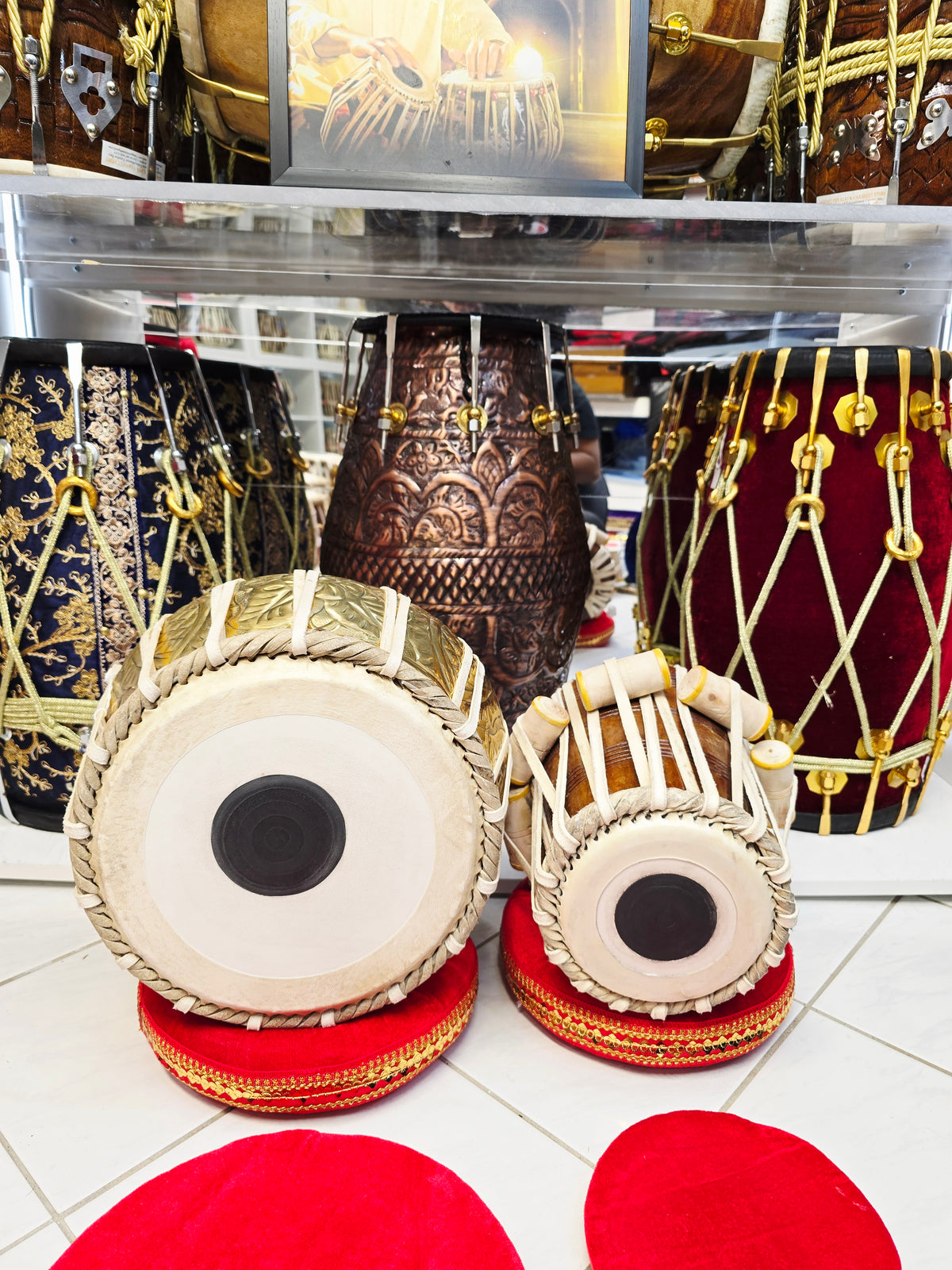 Rajgharana Tabla Set – 5⅜" E Red Sheesham Dayan + 9.25" Engraved Brass Bayan – Economy Professional Series *Very Minor Cosmetic Blemishes