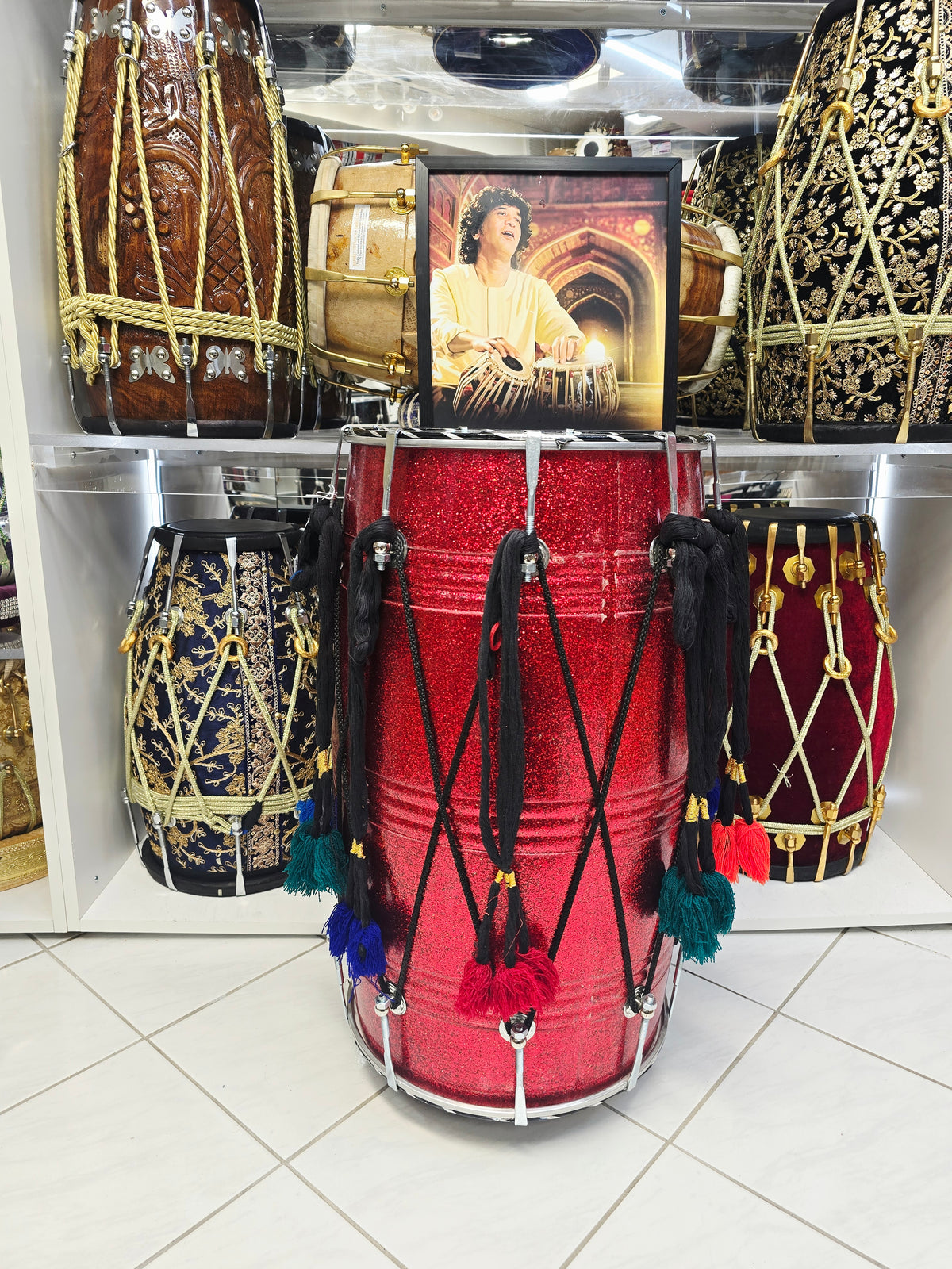 Crimson Stardust 23.75" Fiberglass Punjabi Dhol with Composite Plastic Skins on Both Sides  *Very Minor Cosmetic Blemishes