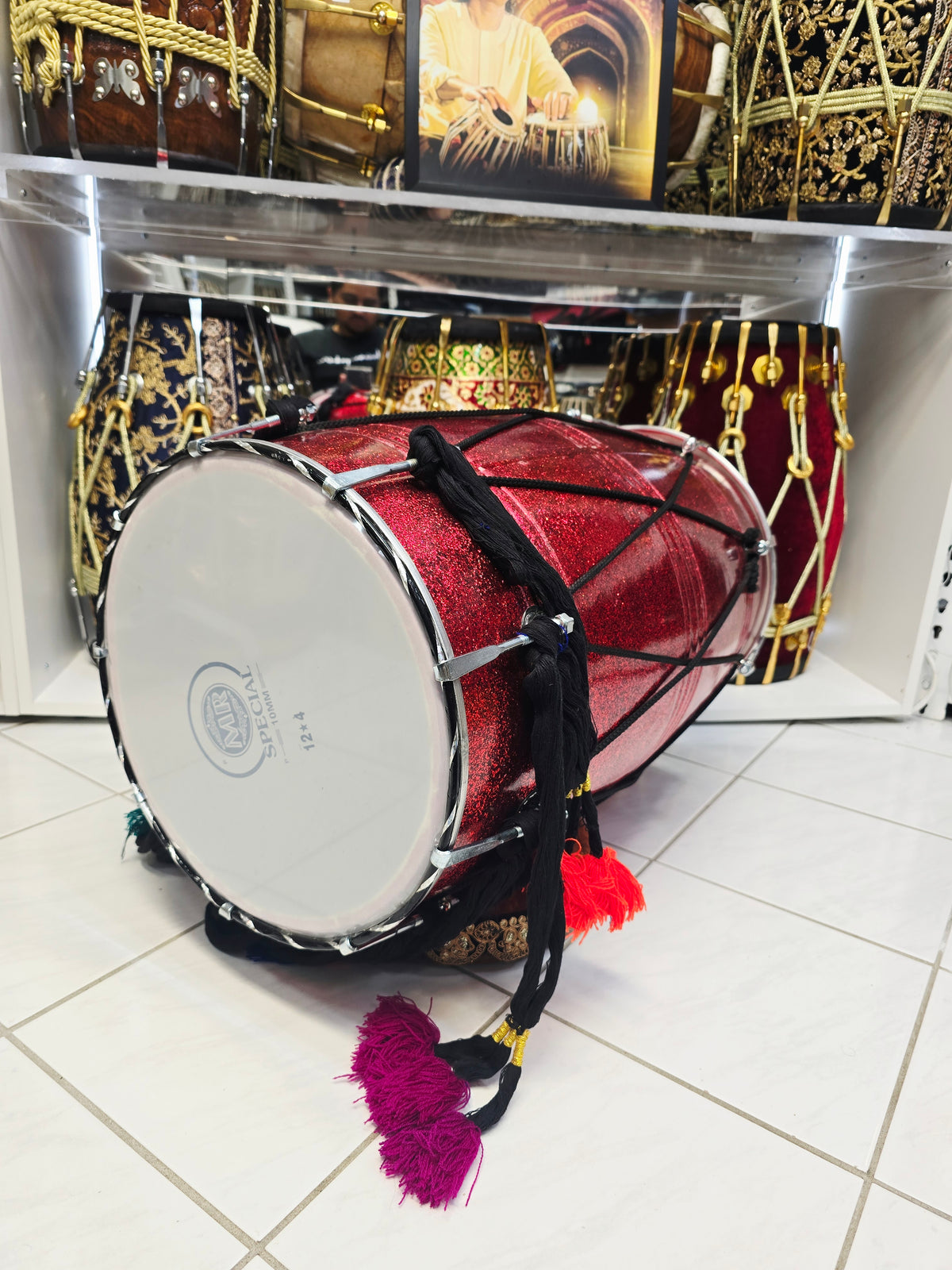 Crimson Stardust 23.75" Fiberglass Punjabi Dhol with Composite Plastic Skins on Both Sides  *Very Minor Cosmetic Blemishes