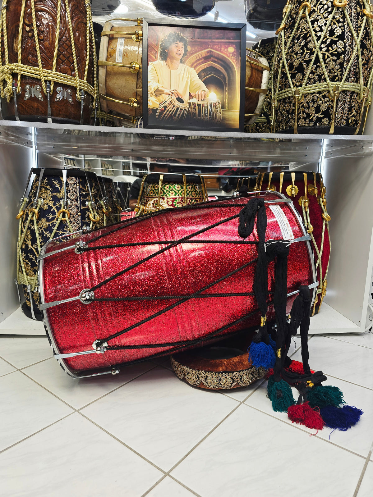 Crimson Stardust 23.75" Fiberglass Punjabi Dhol with Composite Plastic Skins on Both Sides  *Very Minor Cosmetic Blemishes
