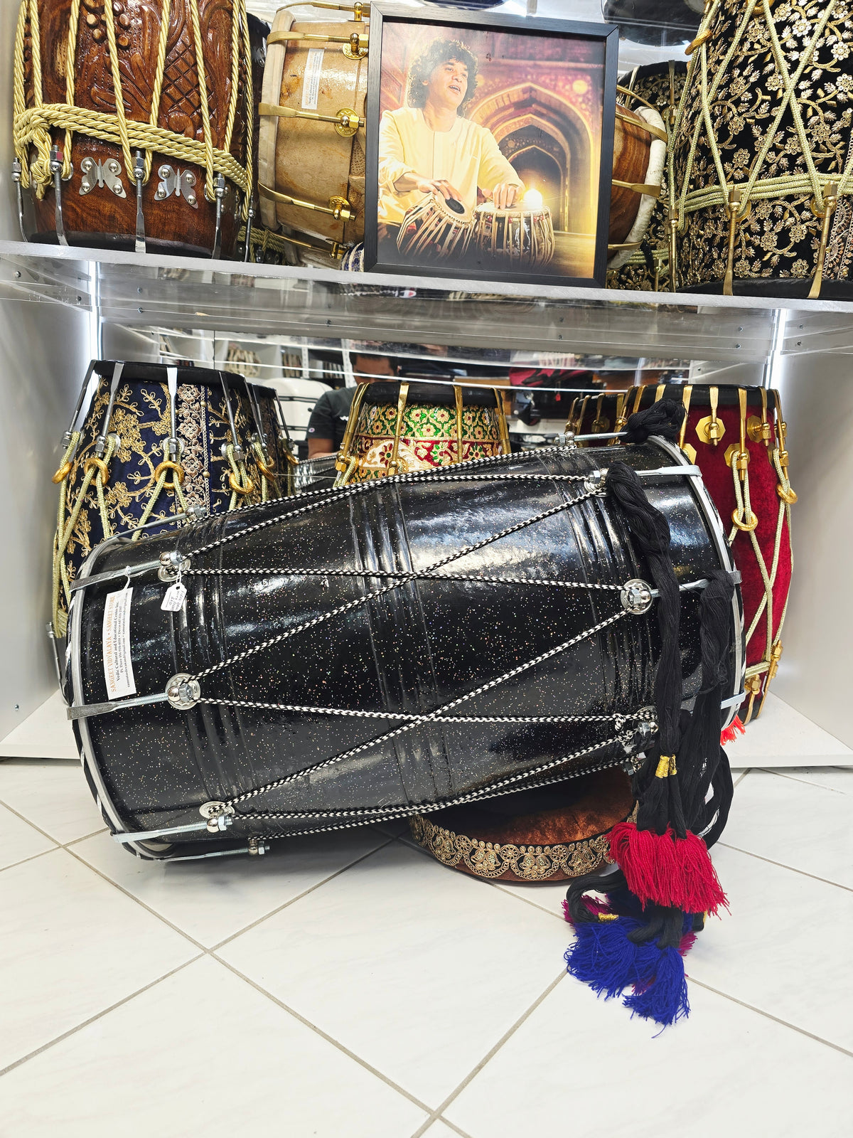 Midnight Nebula Punjabi Dhol | Sparkly Black Fiberglass Shell | Composite Plastic Skins on Both Sides | Minor Cosmetic Blemishes