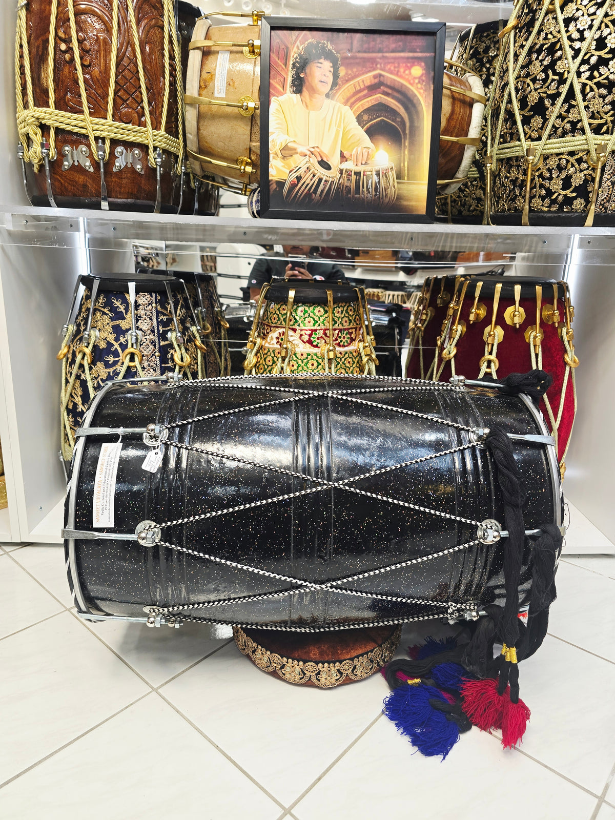 Midnight Nebula Punjabi Dhol | Sparkly Black Fiberglass Shell | Composite Plastic Skins on Both Sides | Minor Cosmetic Blemishes
