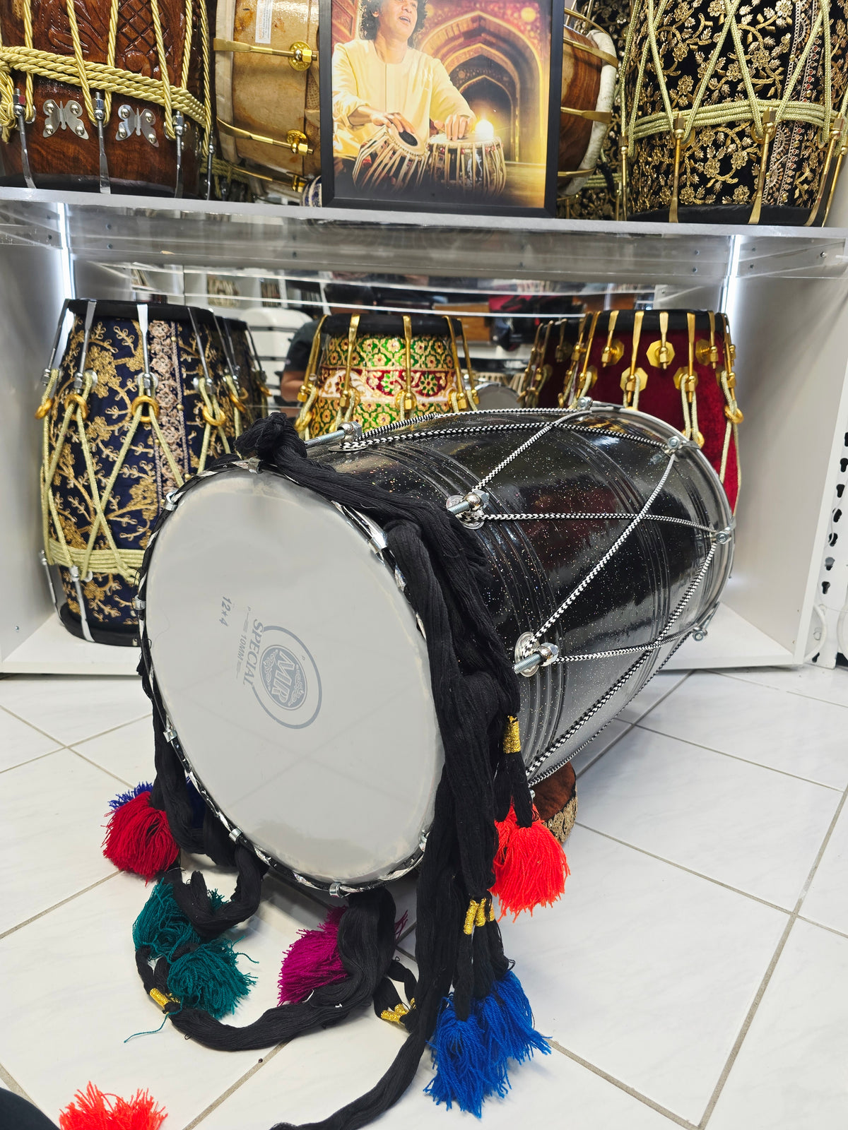 Midnight Nebula Punjabi Dhol | Sparkly Black Fiberglass Shell | Composite Plastic Skins on Both Sides | Minor Cosmetic Blemishes
