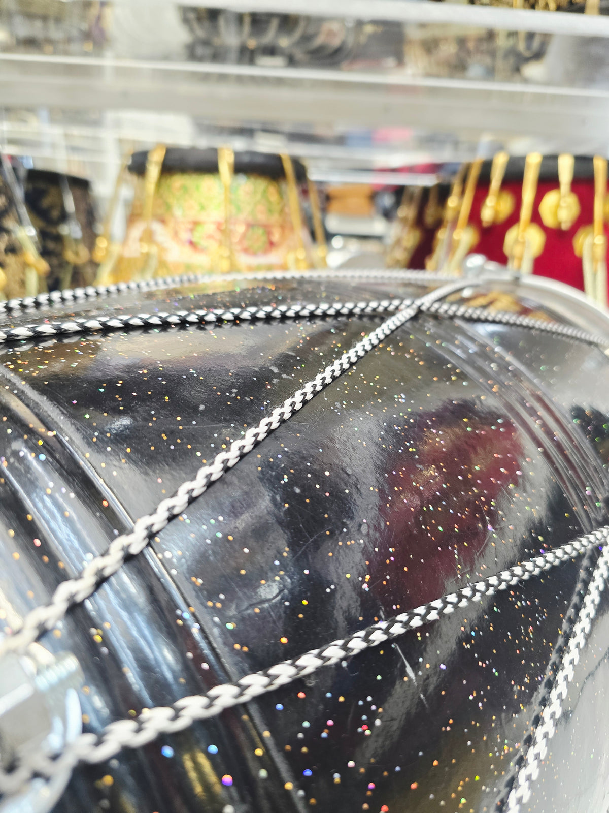 Midnight Nebula Punjabi Dhol | Sparkly Black Fiberglass Shell | Composite Plastic Skins on Both Sides | Minor Cosmetic Blemishes