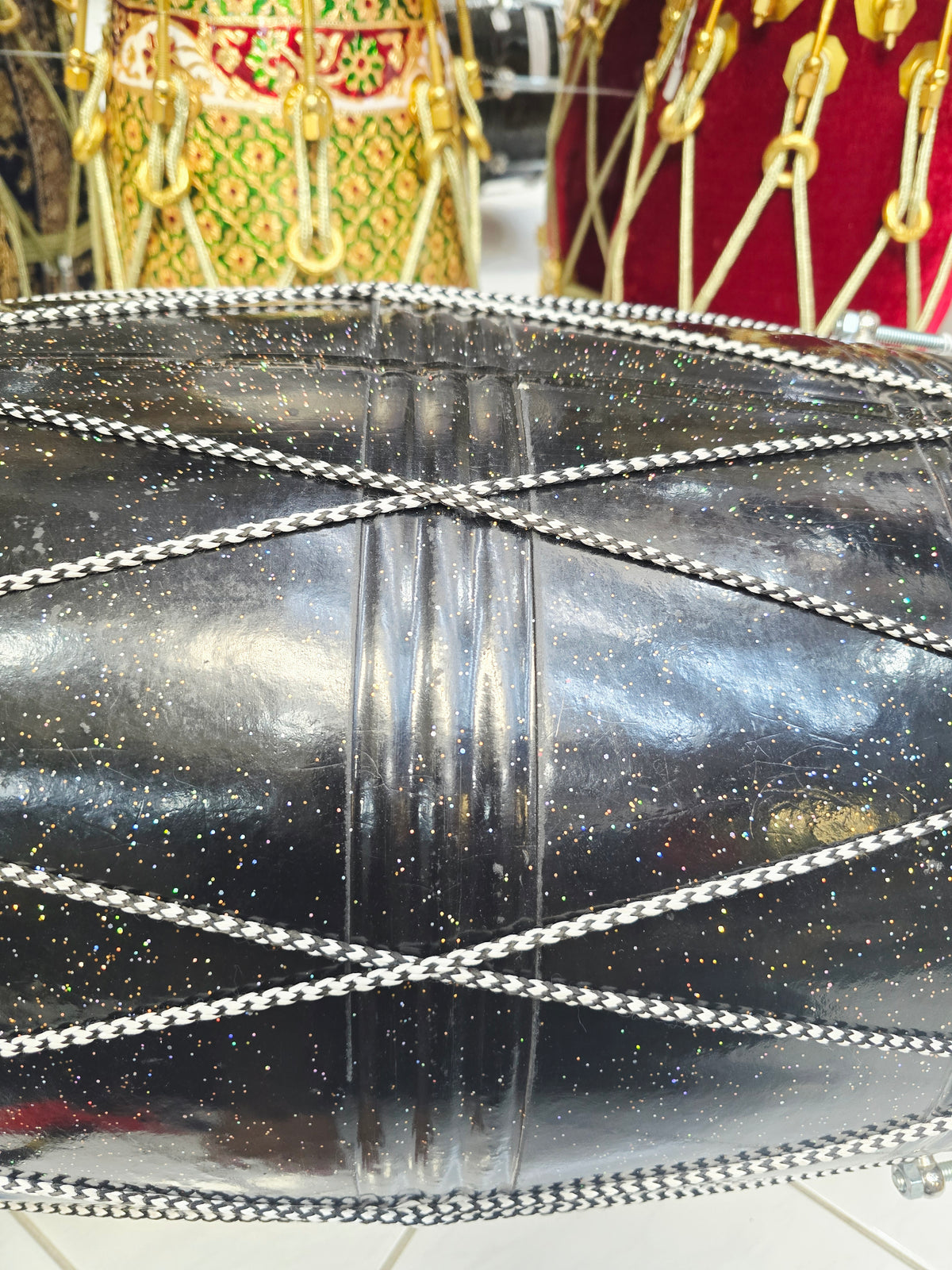 Midnight Nebula Punjabi Dhol | Sparkly Black Fiberglass Shell | Composite Plastic Skins on Both Sides | Minor Cosmetic Blemishes