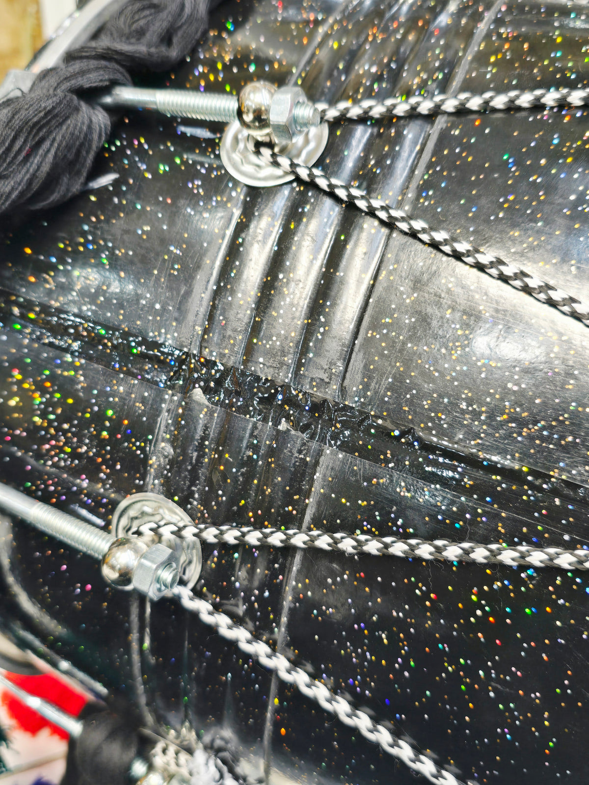 Midnight Nebula Punjabi Dhol | Sparkly Black Fiberglass Shell | Composite Plastic Skins on Both Sides | Minor Cosmetic Blemishes