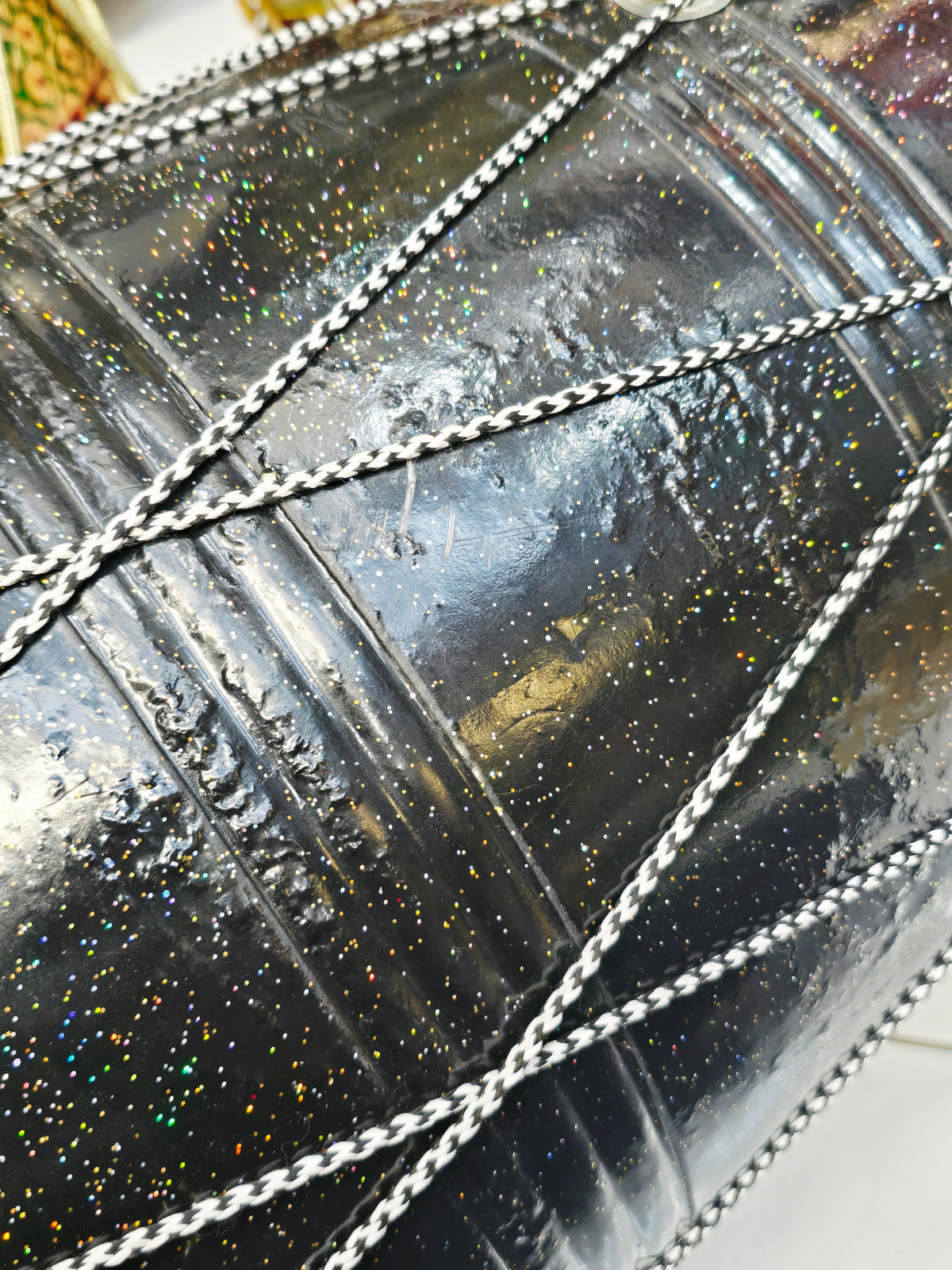Midnight Nebula Punjabi Dhol | Sparkly Black Fiberglass Shell | Composite Plastic Skins on Both Sides | Minor Cosmetic Blemishes