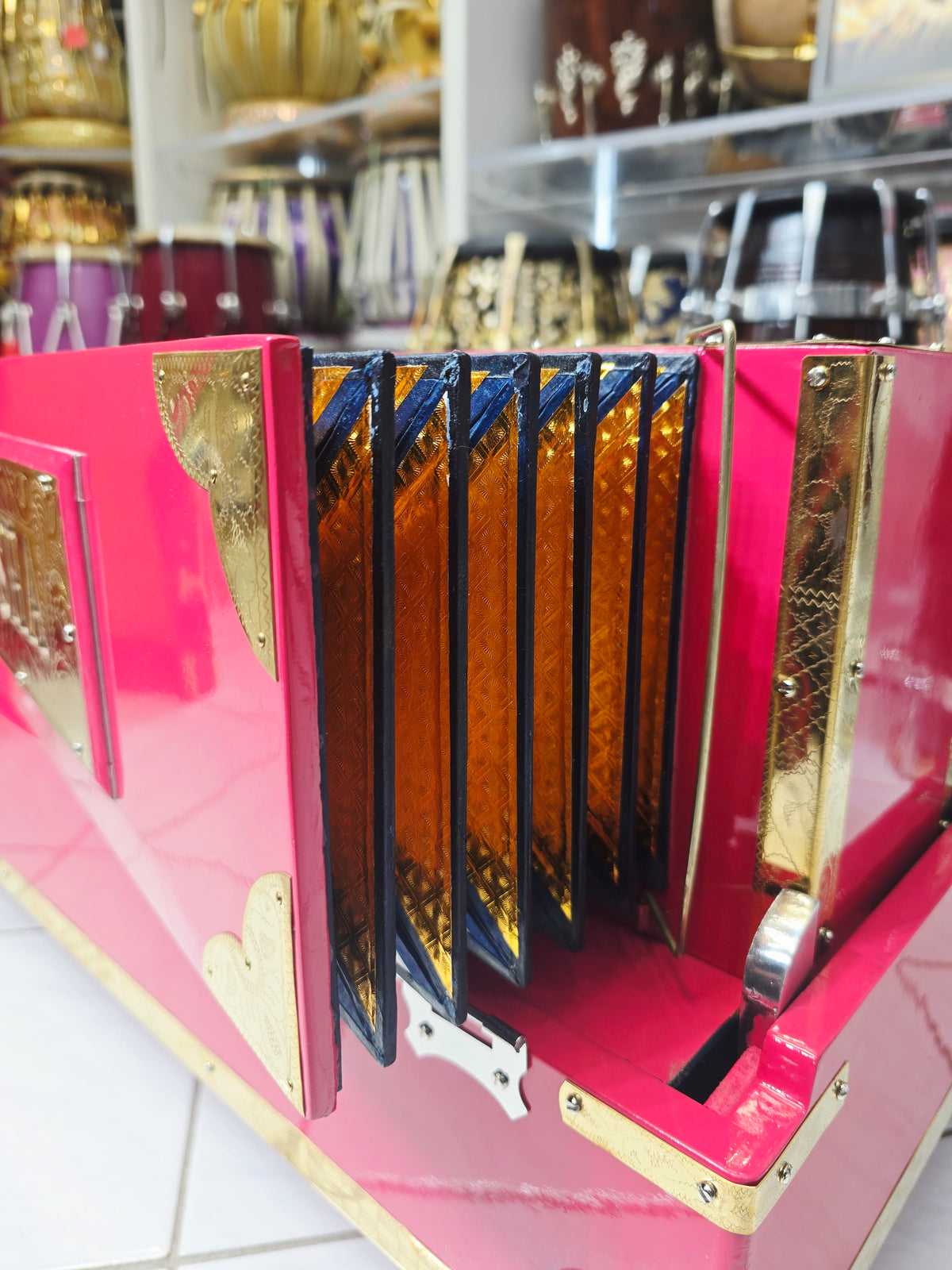 Suramayi Empress | 3 Reed BMF 9 Changer Pink Harmonium with Pink & Golden-Orange Keys