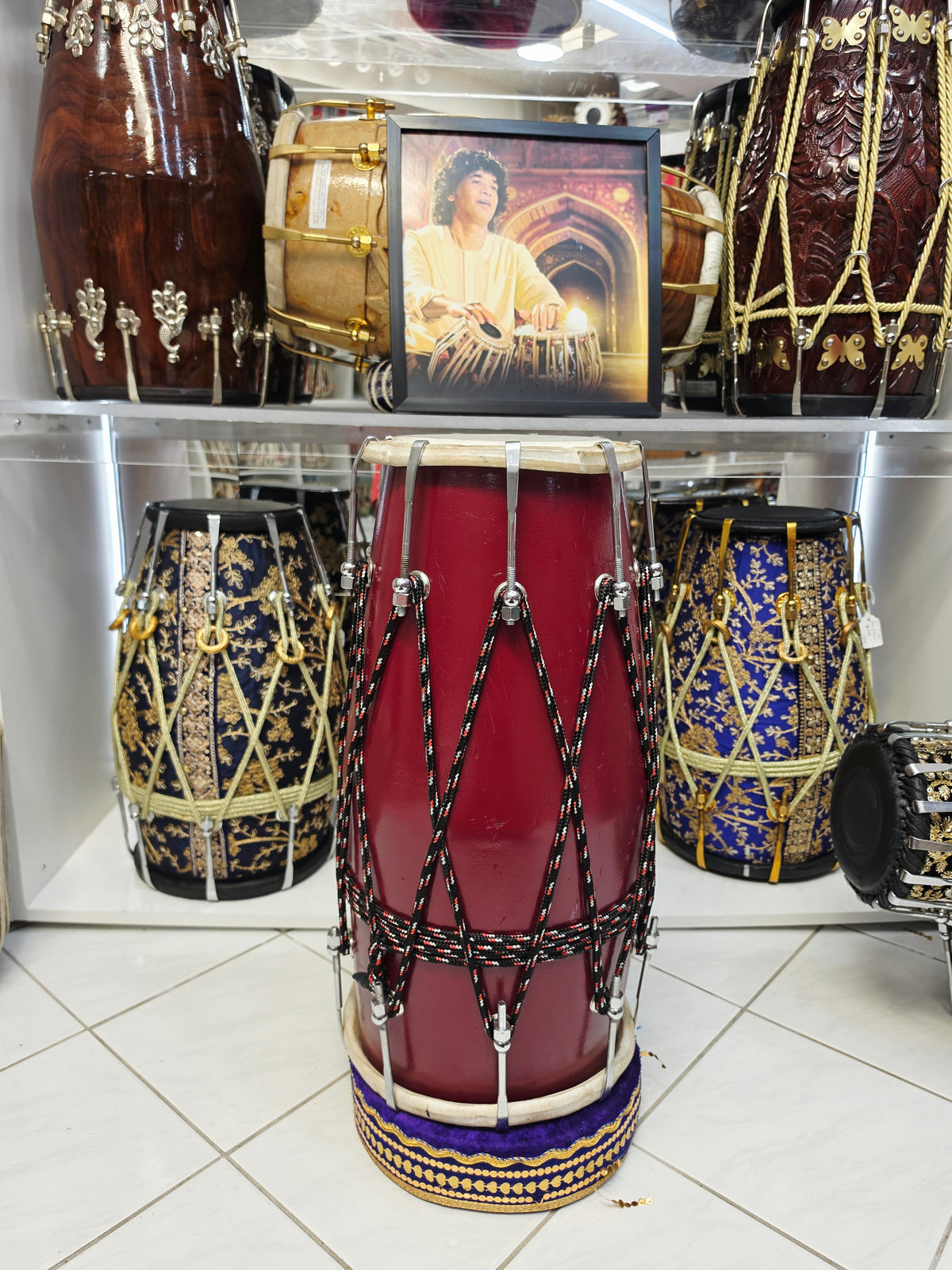 Rangmahal Royale | Burgundy Painted 13.8lbs 22" Refurbished West Indian Bolted Dholak *Minor Cosmetic Blemishes