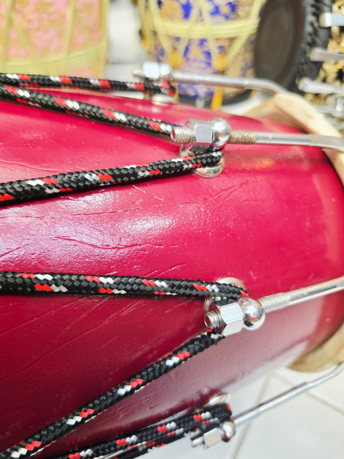 Rangmahal Royale | Burgundy Painted 13.8lbs 22" Refurbished West Indian Bolted Dholak *Minor Cosmetic Blemishes