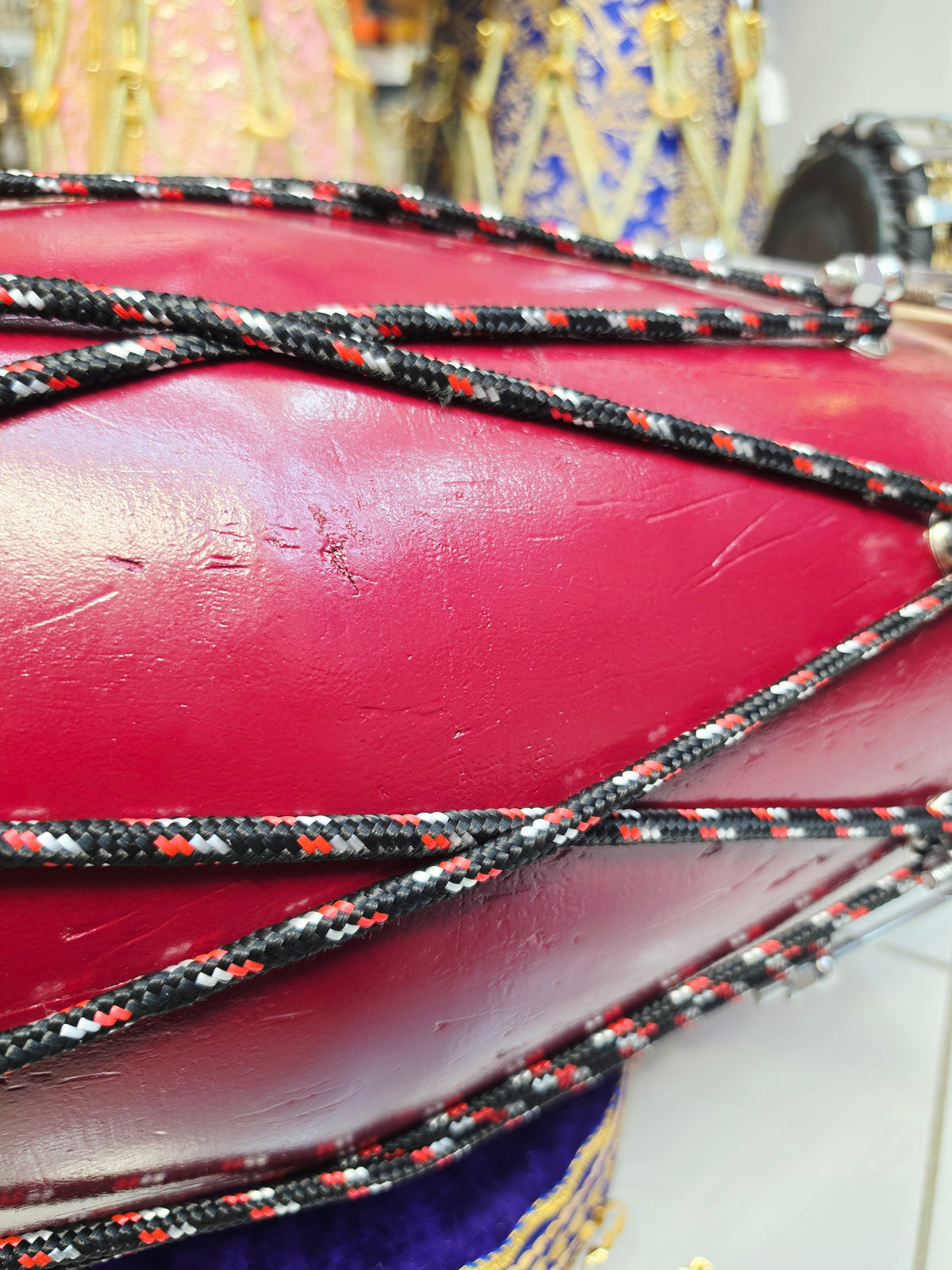 Rangmahal Royale | Burgundy Painted 13.8lbs 22" Refurbished West Indian Bolted Dholak *Minor Cosmetic Blemishes